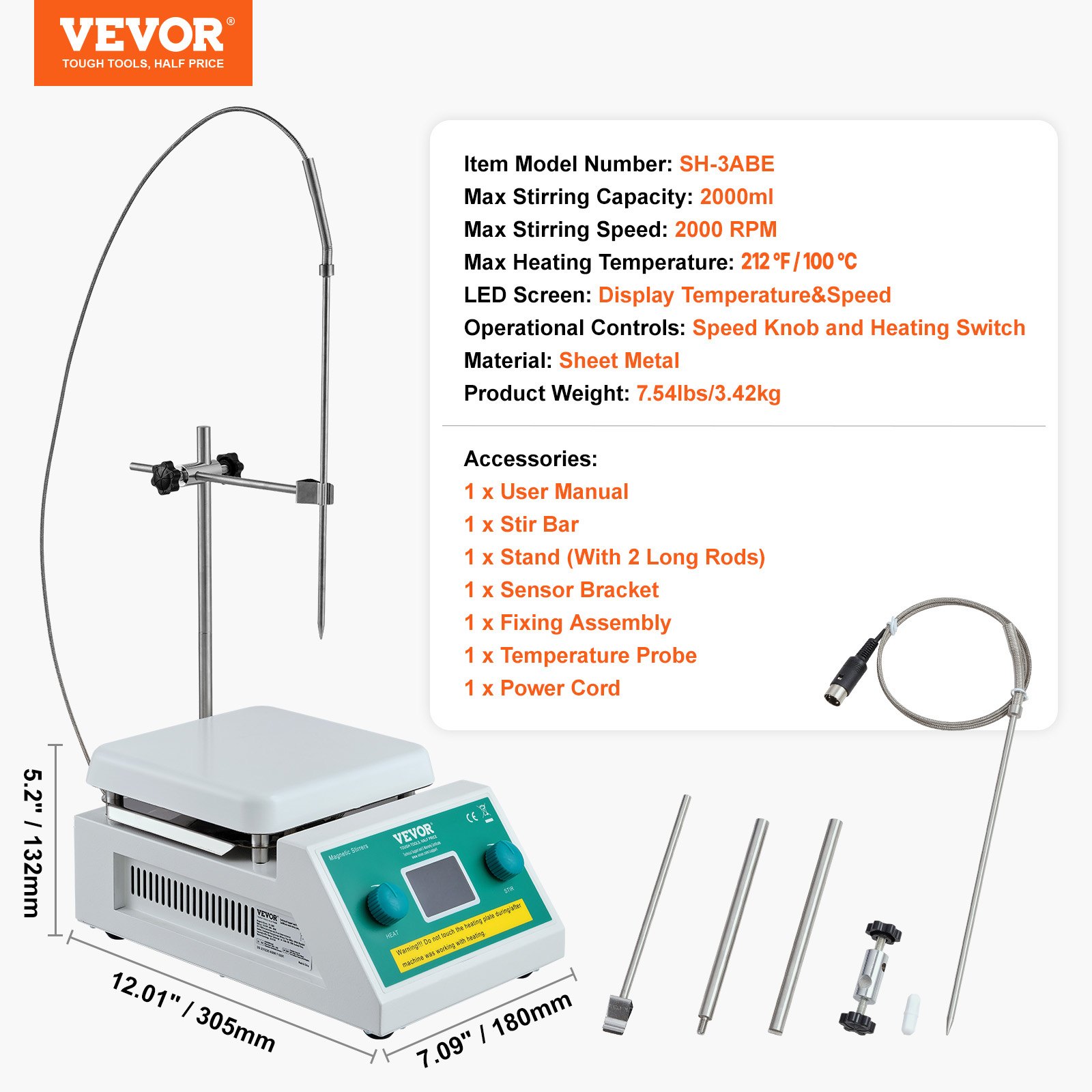 VEVOR Magnetic Stirrer Hot Plate, Max 212 ℉ / 100 ℃, 0-2000 RPM Hot Plate with Magnetic Stirrer, 2000mL Hot Plate Stirrer with LED Screen, Support Stand and Stir Bars Included, 500W Heating Power