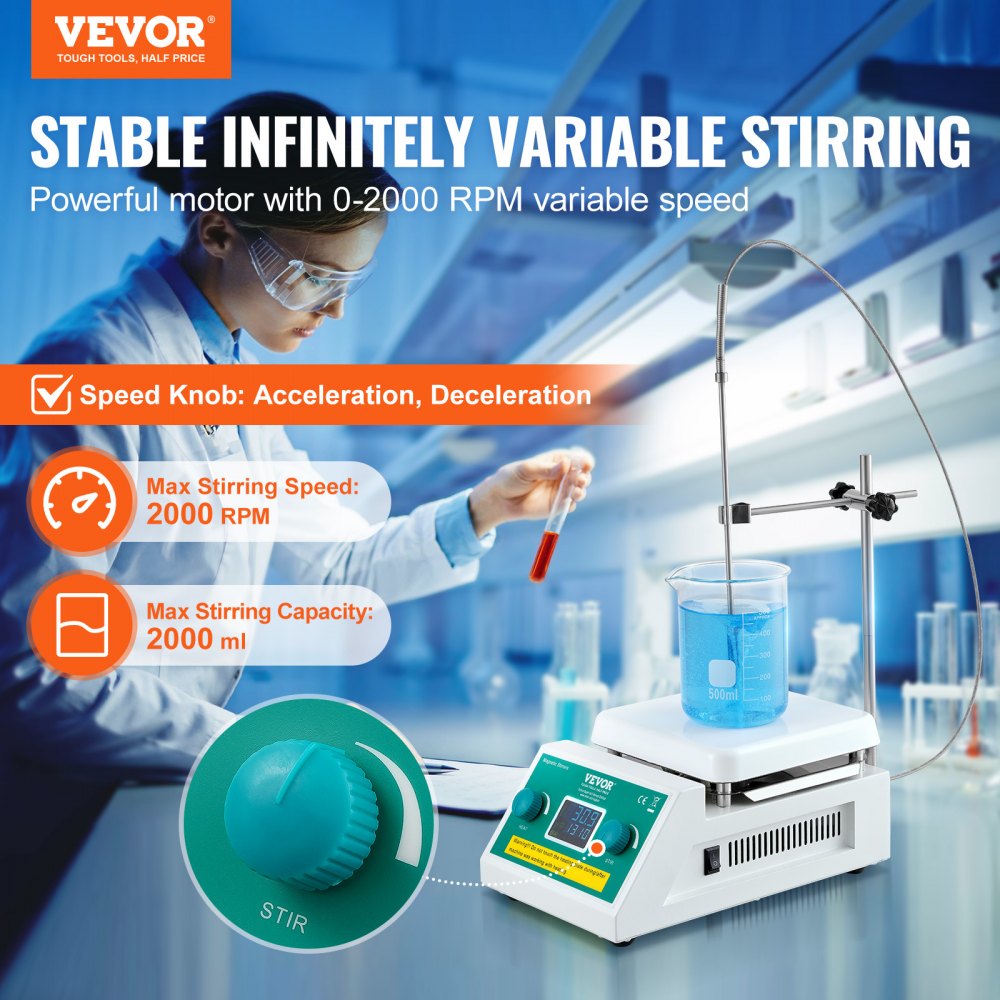 VEVOR Magnetic Stirrer Hot Plate, Max 212 ℉ / 100 ℃, 0-2000 RPM Hot Plate with Magnetic Stirrer, 2000mL Hot Plate Stirrer with LED Screen, Support Stand and Stir Bars Included, 500W Heating Power