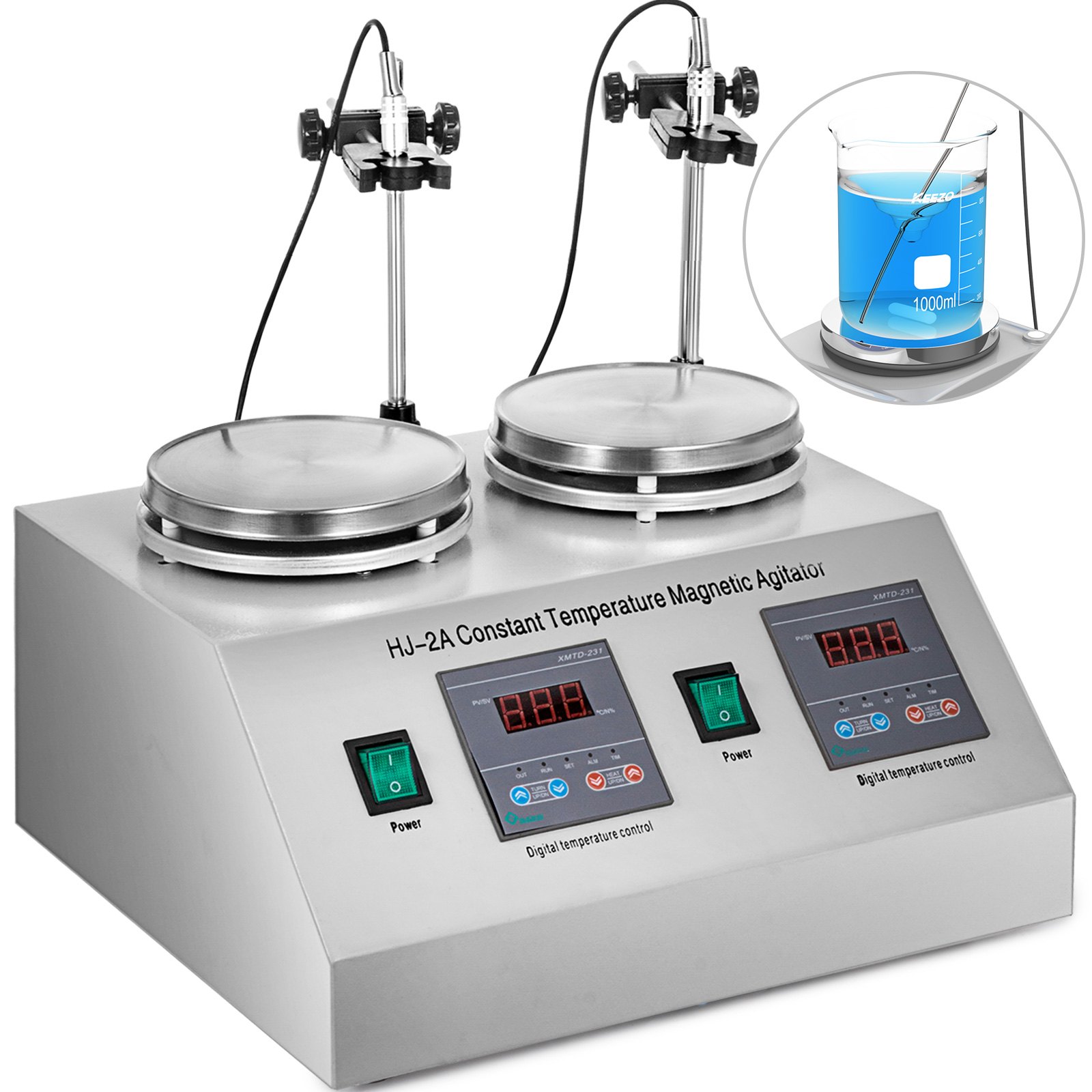 2 Heads Magnetic Stirrer Hot Plate Digital Heating Mixer Dual Controls 2*20w
