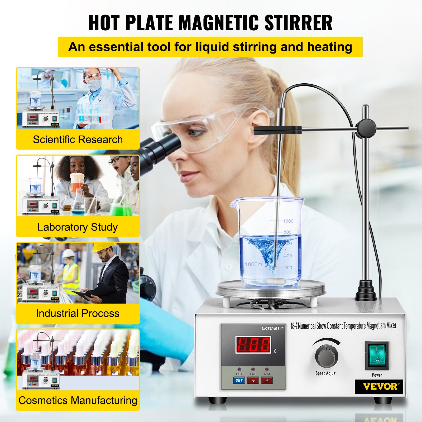 VEVOR 85-2 Magnetic Stirrer with Heating Plate 1000ml Stirring Speed 2000 rpm Laboratory Magnetic Stirrer 200W Digital Display with Adjustable Support Rod