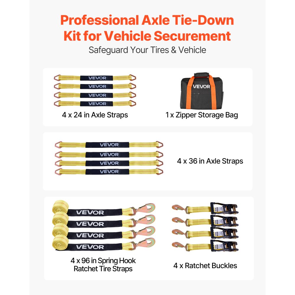 VEVOR Wheel Chock Tie-Down Kit, Axle Type Trailer Tie Down Strap, Car Tie Down Kit with Break Strength 4540 kg, Working Load 1512 kg, Trailer Ratchet Strap for ATV, UTV, & Heavy-Duty Pickup Trucks