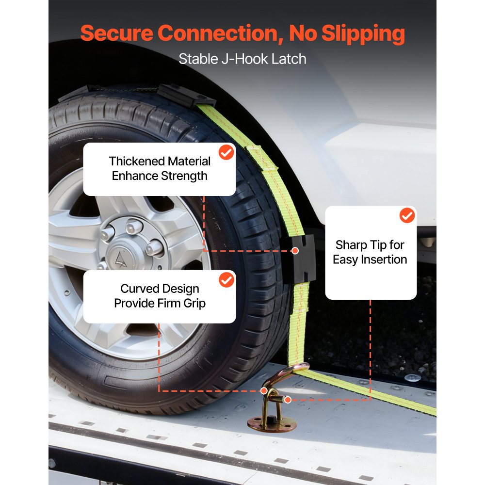 VEVOR Wheel Chock Tie-Down Kit, Deck-Style Trailer Tie Down Strap, Car Tie Down Kit with J-Hook, Break Strength 10009 lbs & Working Load 3333 lbs Motorcycle Tie-Down System for SUVs, Trailers, Trucks