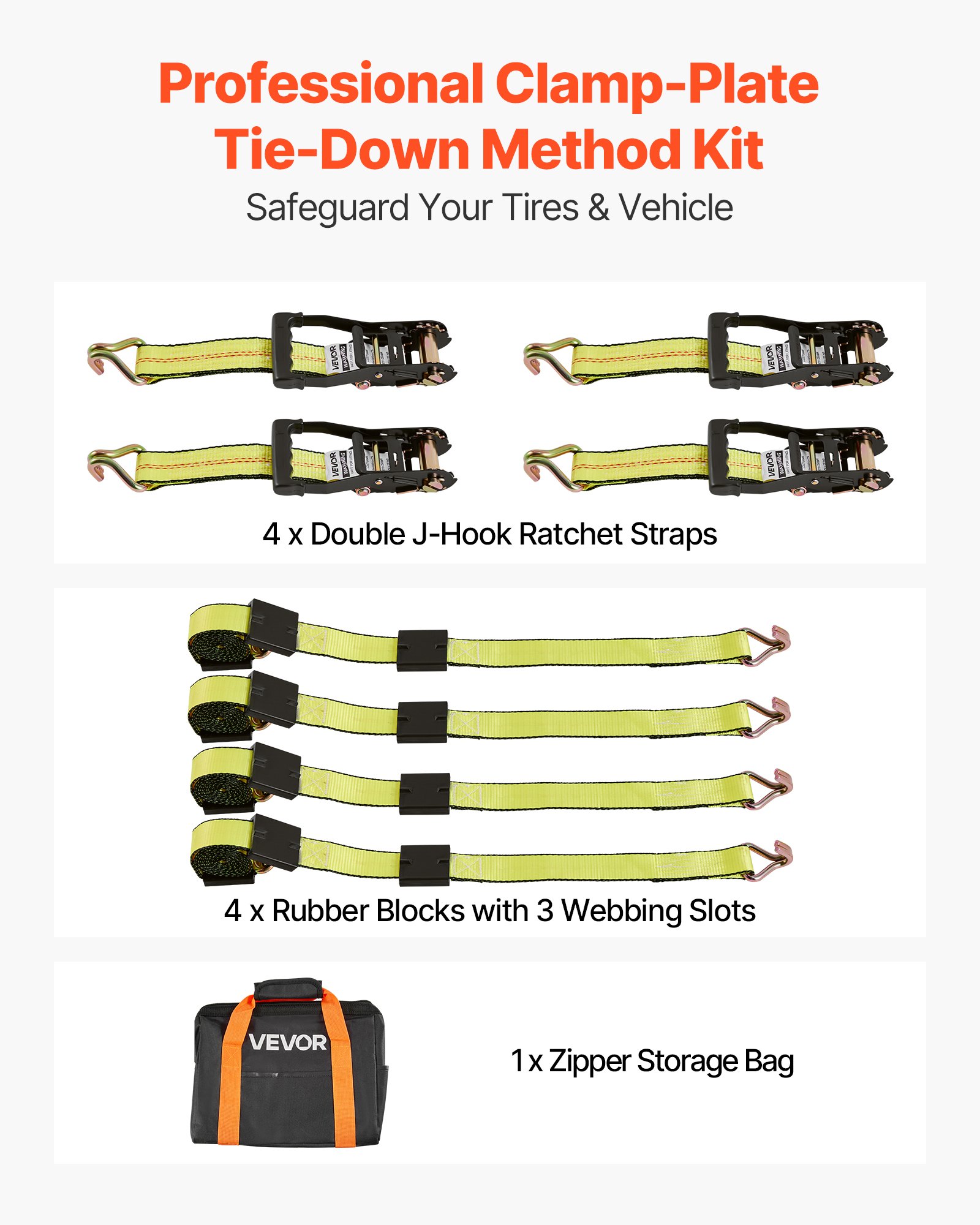VEVOR Wheel Chock Tie-Down Kit, Deck-Style Trailer Tie Down Strap, Car Tie Down Kit with J-Hook, Break Strength 10009 lbs & Working Load 3333 lbs Motorcycle Tie-Down System for SUVs, Trailers, Trucks