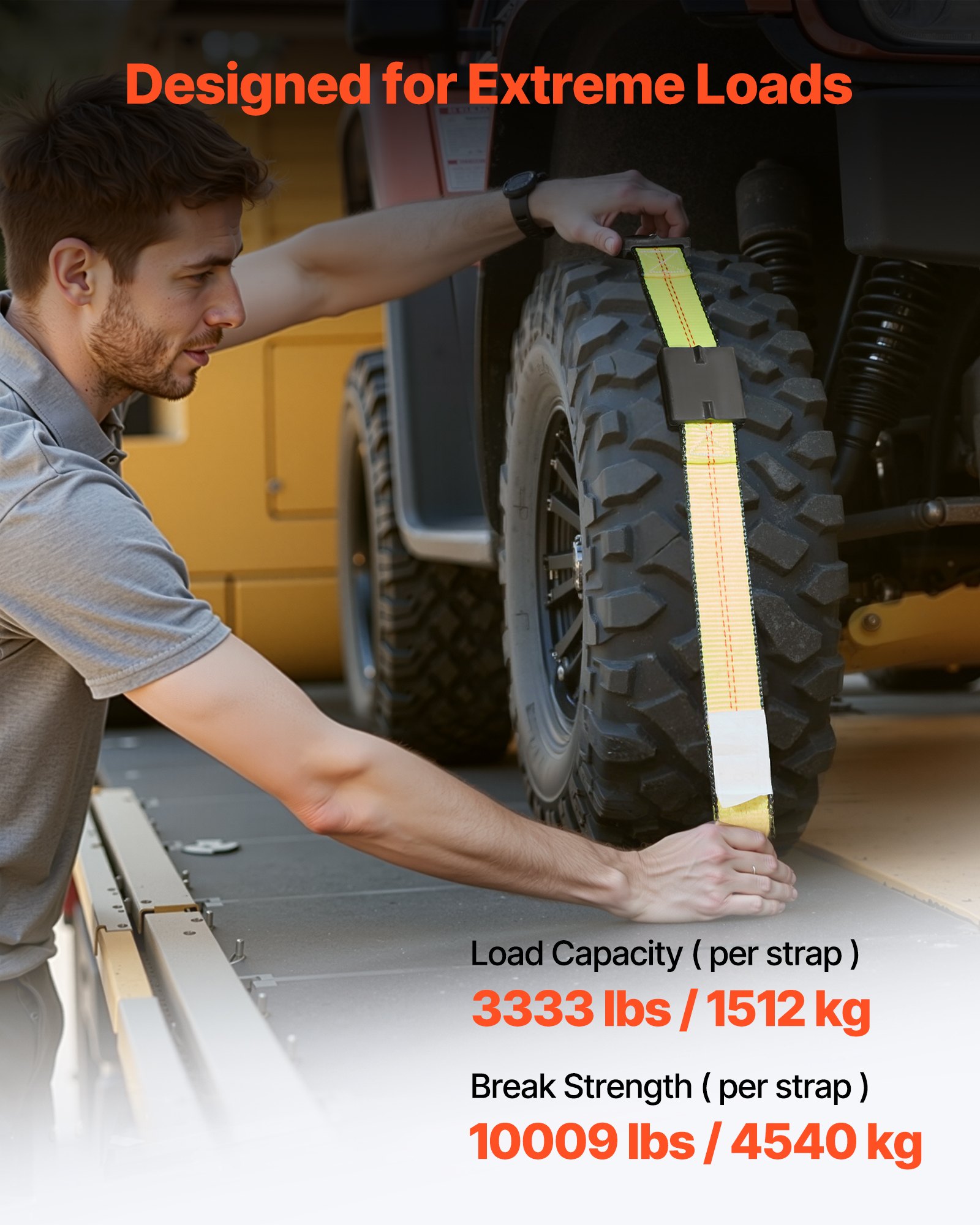 VEVOR Wheel Chock Tie-Down Kit, Deck-Style Trailer Tie Down Strap, Car Tie Down Kit with J-Hook, Break Strength 10009 lbs & Working Load 3333 lbs Motorcycle Tie-Down System for SUVs, Trailers, Trucks