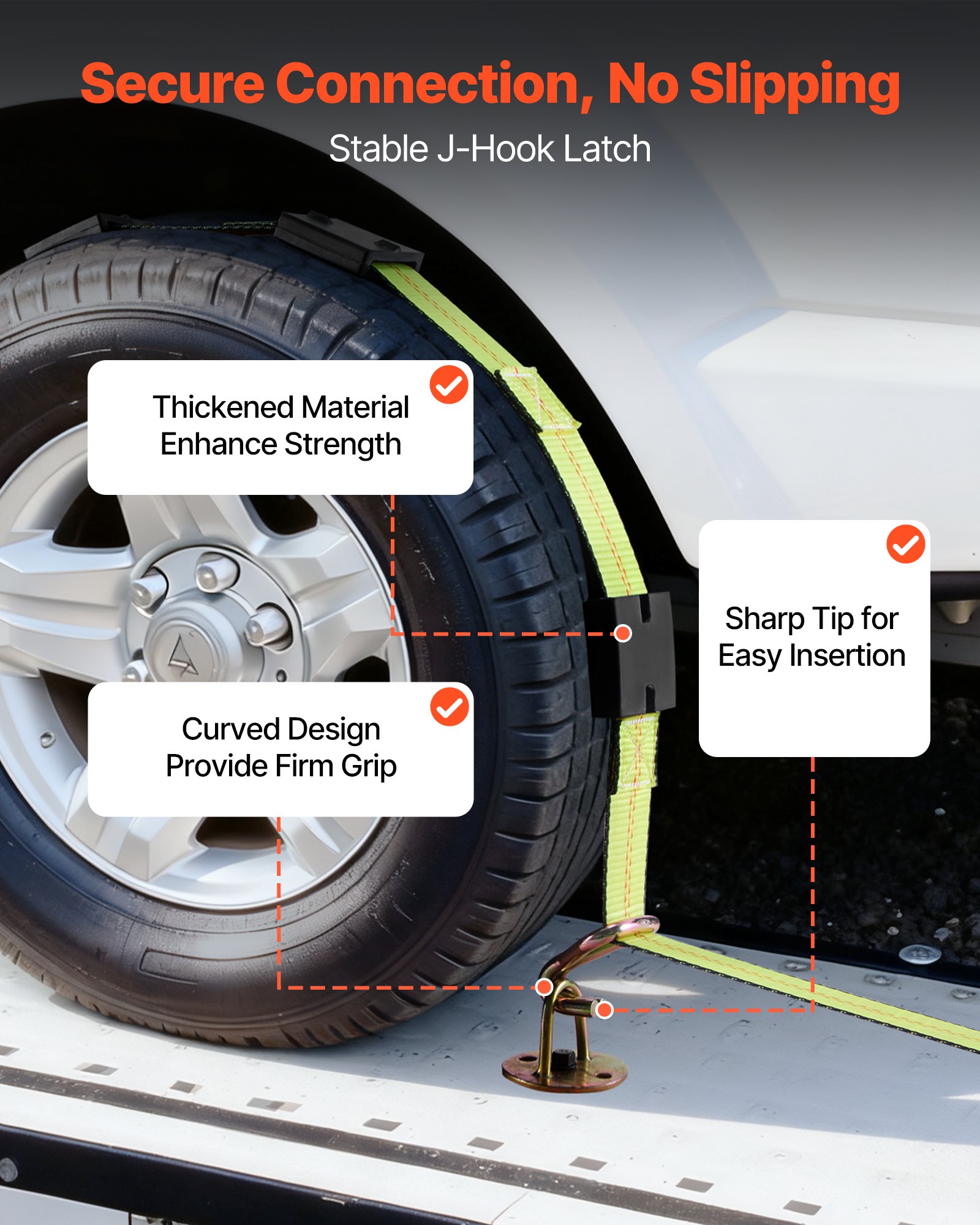 VEVOR Wheel Chock Tie-Down Kit, Deck-Style Trailer Tie Down Strap, Car Tie Down Kit with J-Hook, Break Strength 10009 lbs & Working Load 3333 lbs Motorcycle Tie-Down System for SUVs, Trailers, Trucks