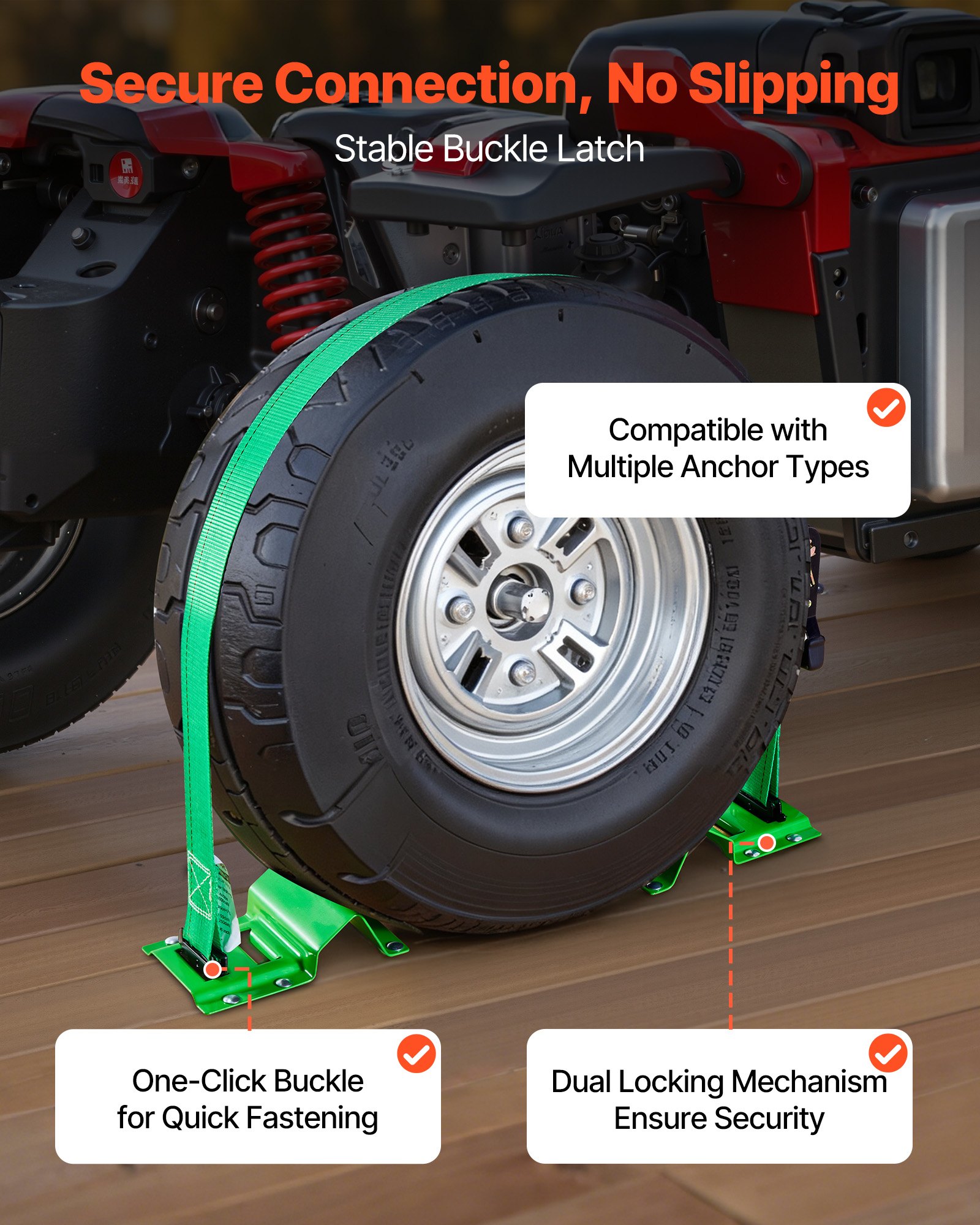 VEVOR Wheel Chock Tie-Down Kit, Chock-Style Trailer Tie Down Strap, Car Tie Down Kit with Buckle, Break Strength 1986.73 kg & Working Load 662 kg Motorcycle Tie-Down System for ATVs, UTVs & Trailers