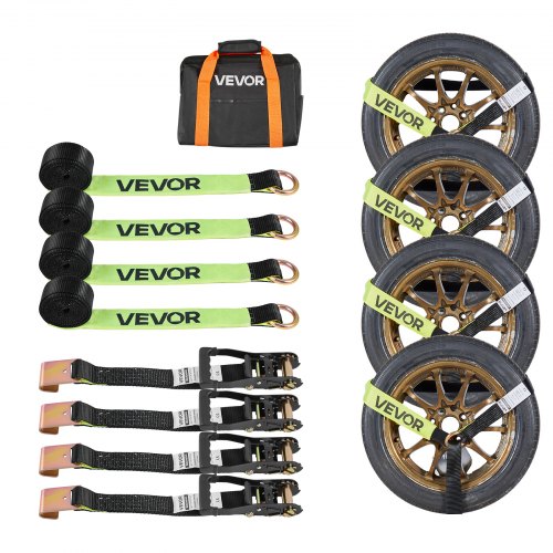 VEVOR Wheel Chock Tie-Down Kit, Tire-Style Trailer Tie Down Strap, Car Tie Down Kit with Flat Hook, Break Strength 10009 lbs & Working Load 3333 lbs Motorcycle Tie-Down System for ATVs, SUVs, Trailers