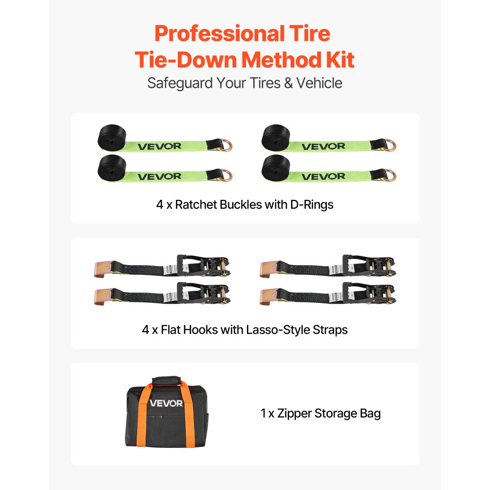 VEVOR Wheel Chock Tie-Down Kit, Tire-Style Trailer Tie Down Strap, Car Tie Down Kit with Flat Hook, Break Strength 10009 lbs & Working Load 3333 lbs Motorcycle Tie-Down System for ATVs, SUVs, Trailers
