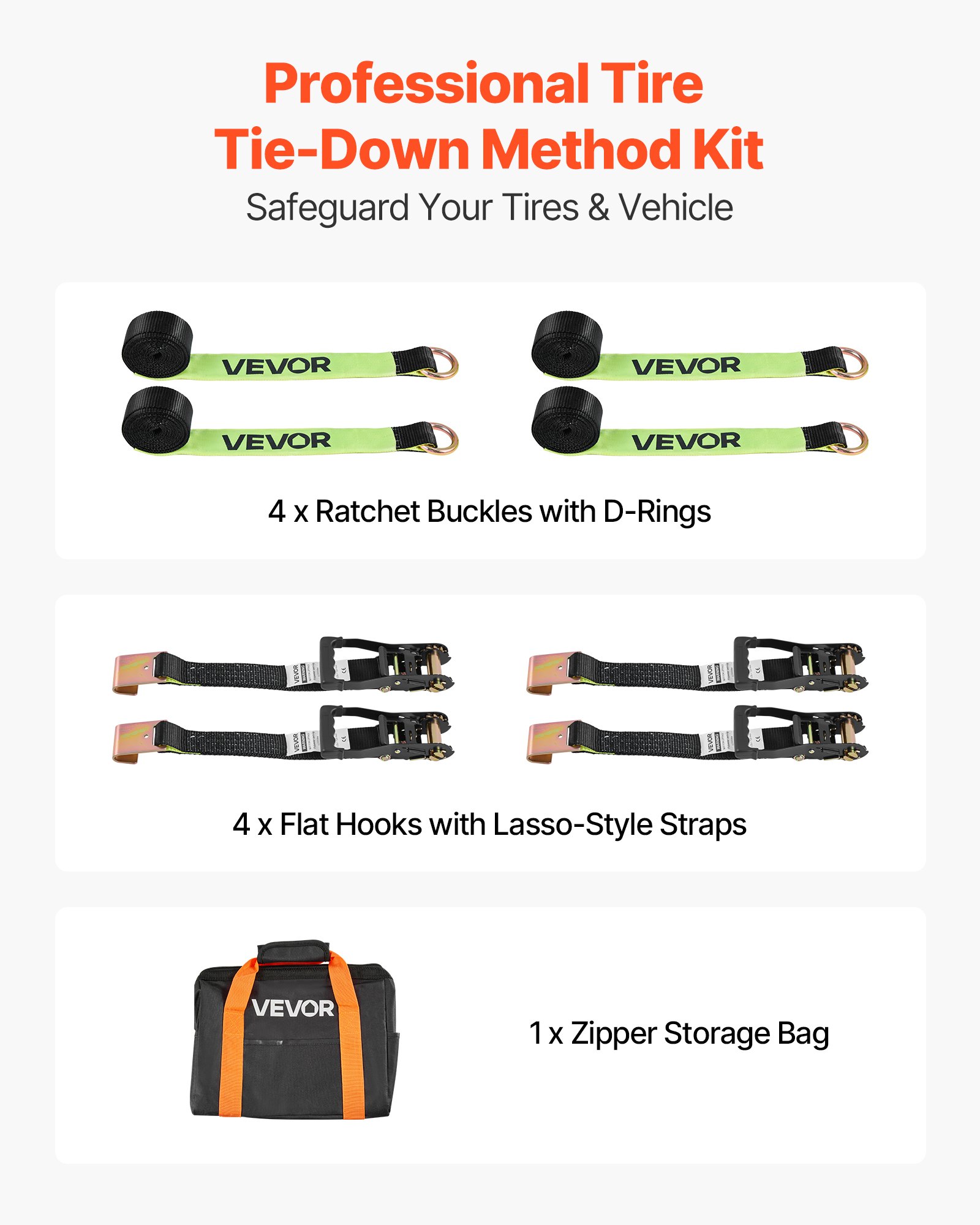 VEVOR Wheel Chock Tie-Down Kit, Tire-Style Trailer Tie Down Strap, Car Tie Down Kit with Flat Hook, Break Strength 4540 kg & Working Load 1512 kg Motorcycle Tie-Down System for ATVs, SUVs, Trailers