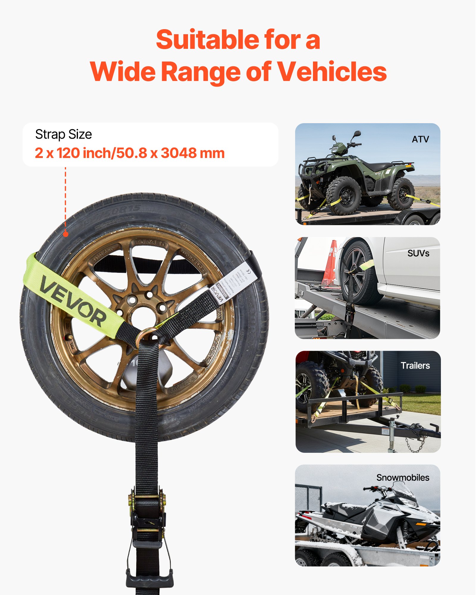 VEVOR Wheel Chock Tie-Down Kit, Tire-Style Trailer Tie Down Strap, Car Tie Down Kit with Flat Hook, Break Strength 4540 kg & Working Load 1512 kg Motorcycle Tie-Down System for ATVs, SUVs, Trailers