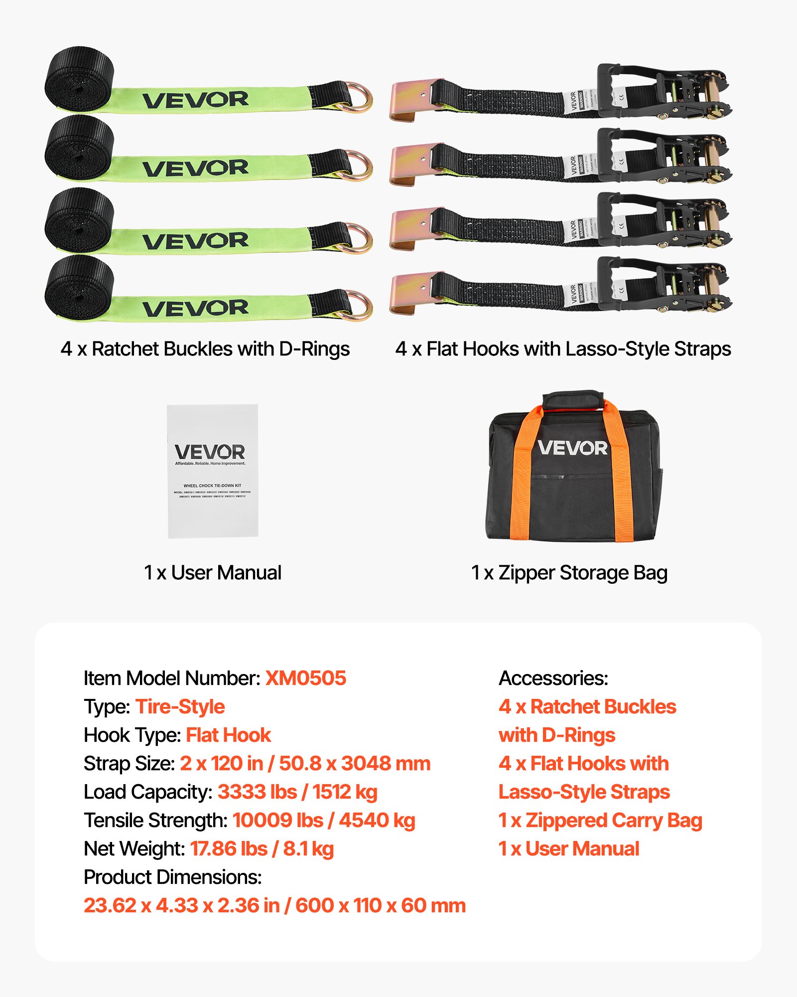 VEVOR Wheel Chock Tie-Down Kit, Tire-Style Trailer Tie Down Strap, Car Tie Down Kit with Flat Hook, Break Strength 4540 kg & Working Load 1512 kg Motorcycle Tie-Down System for ATVs, SUVs, Trailers