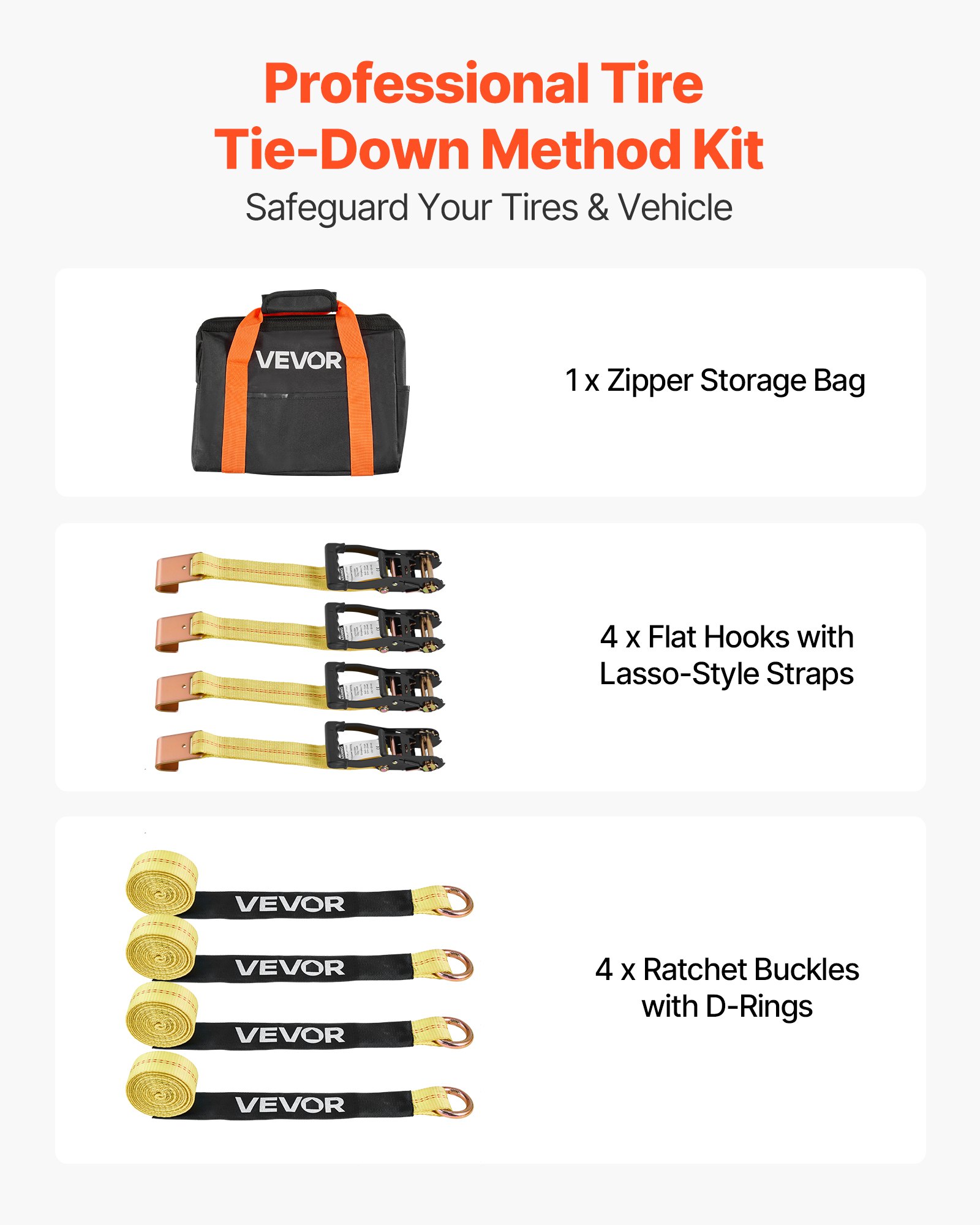 VEVOR Wheel Chock Tie-Down Kit, Tire-Style Motorcycle Tie-Down System, Car Tie Down Kit with Flat Hook, Break Strength 10009 lbs & Working Load 3333 lbs Trailer Tie Down Strap for ATVs, SUVs, Trailers