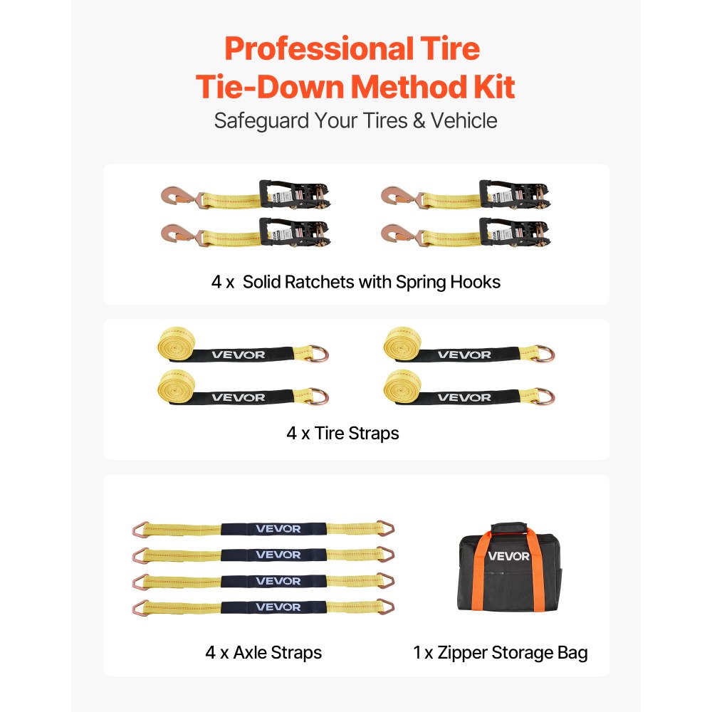 VEVOR Wheel Chock Tie-Down Kit, Tire-Style Trailer Tie Down Strap, Car Tie Down Kit with Spring Hook, Break Strength 4540 kg & Working Load 1512 kg Motorcycle Tie-Down System for ATV, SUV, Trailer