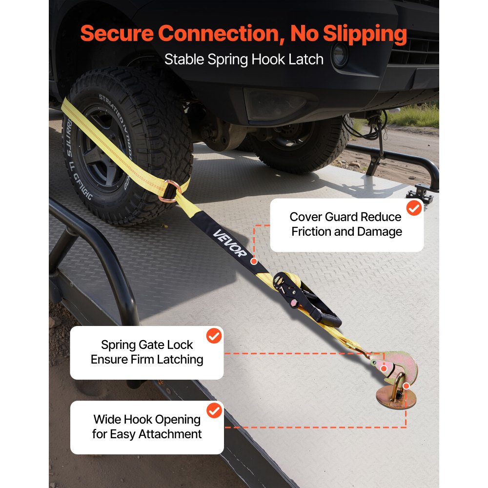 VEVOR Wheel Chock Tie-Down Kit, Tire-Style Trailer Tie Down Strap, Car Tie Down Kit with Spring Hook, Break Strength 4540 kg & Working Load 1512 kg Motorcycle Tie-Down System for ATV, SUV, Trailer