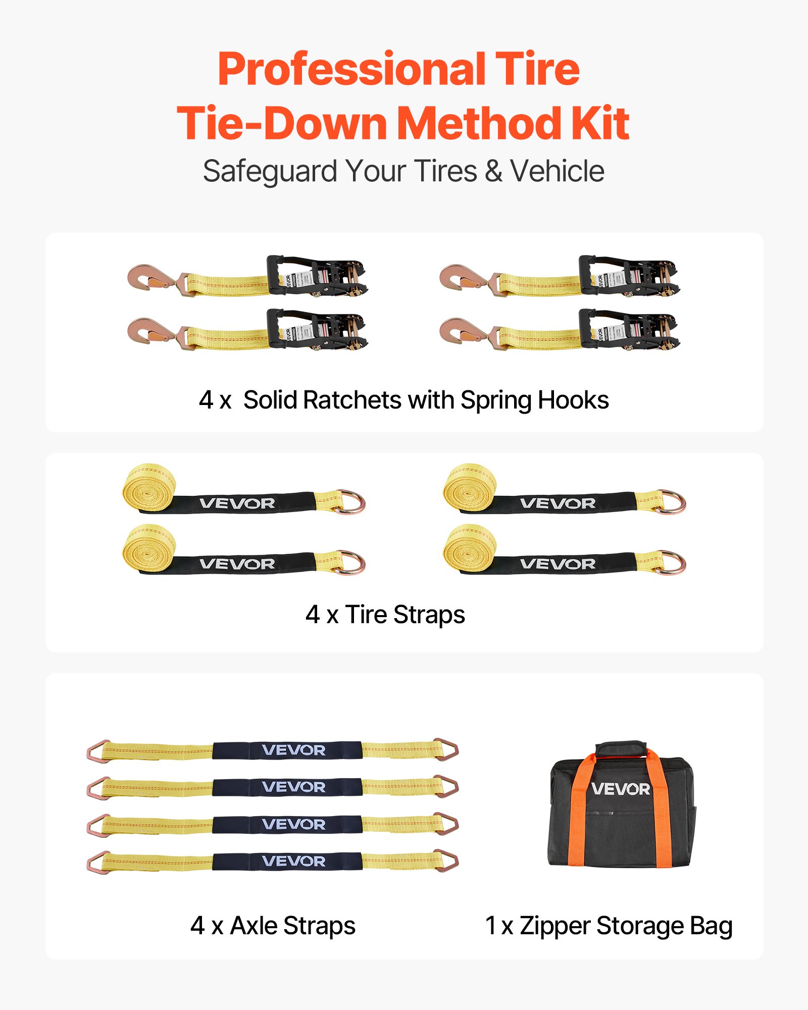 VEVOR Wheel Chock Tie-Down Kit, Tire-Style Trailer Tie Down Strap, Car Tie Down Kit with Spring Hook, Break Strength 4540 kg & Working Load 1512 kg Motorcycle Tie-Down System for ATV, SUV, Trailer