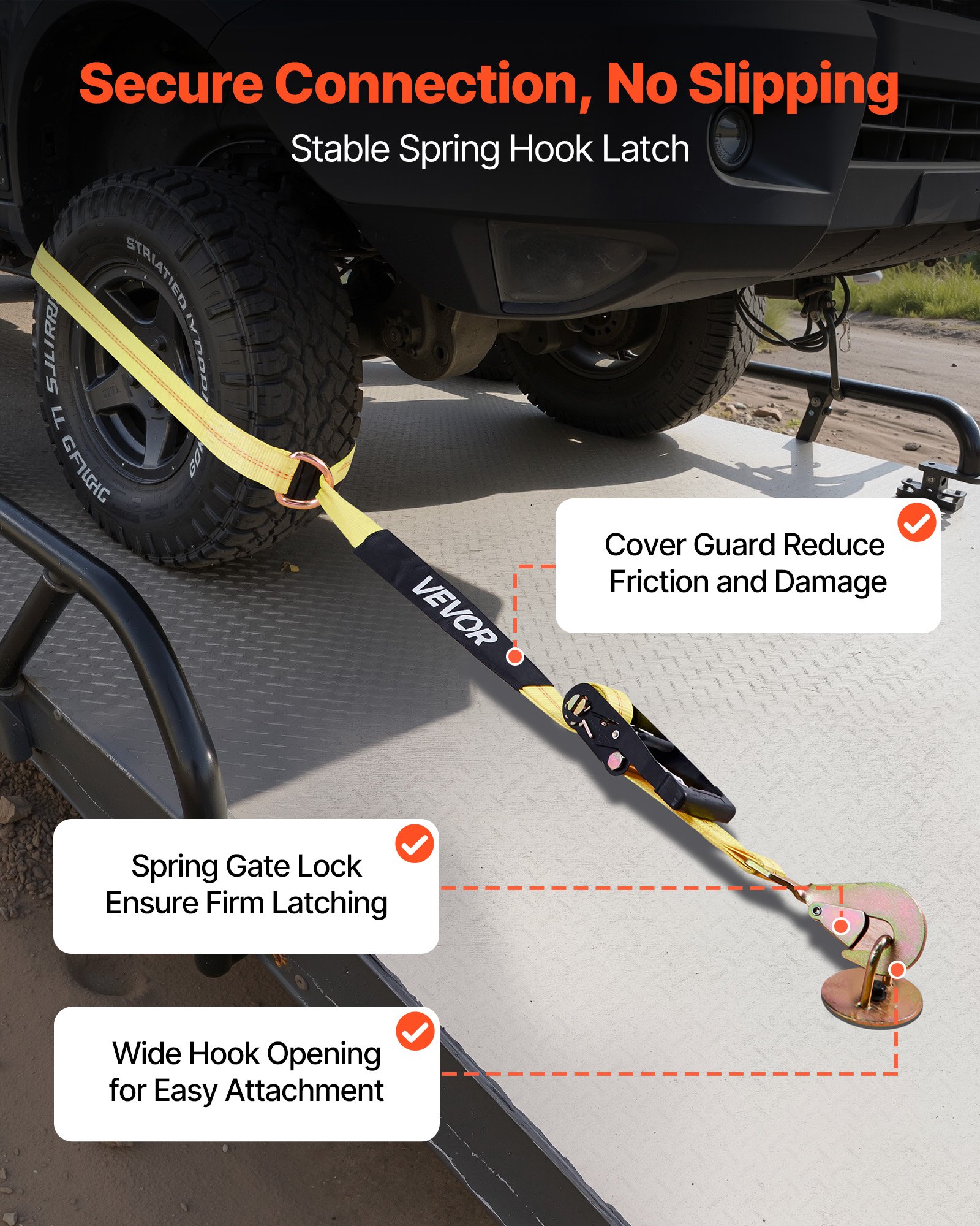 VEVOR Wheel Chock Tie-Down Kit, Tire-Style Trailer Tie Down Strap, Car Tie Down Kit with Spring Hook, Break Strength 4540 kg & Working Load 1512 kg Motorcycle Tie-Down System for ATV, SUV, Trailer