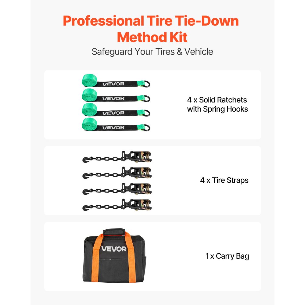 VEVOR Wheel Chock Tie-Down Kit, Tire-Style Tow Dolly Strap, Car Tie Down Kit with Heavy-Duty Hook, Break Strength 10009 lbs & Working Load 3333 lbs Motorcycle Tie-Down System with O-Ring for ATV, SUV