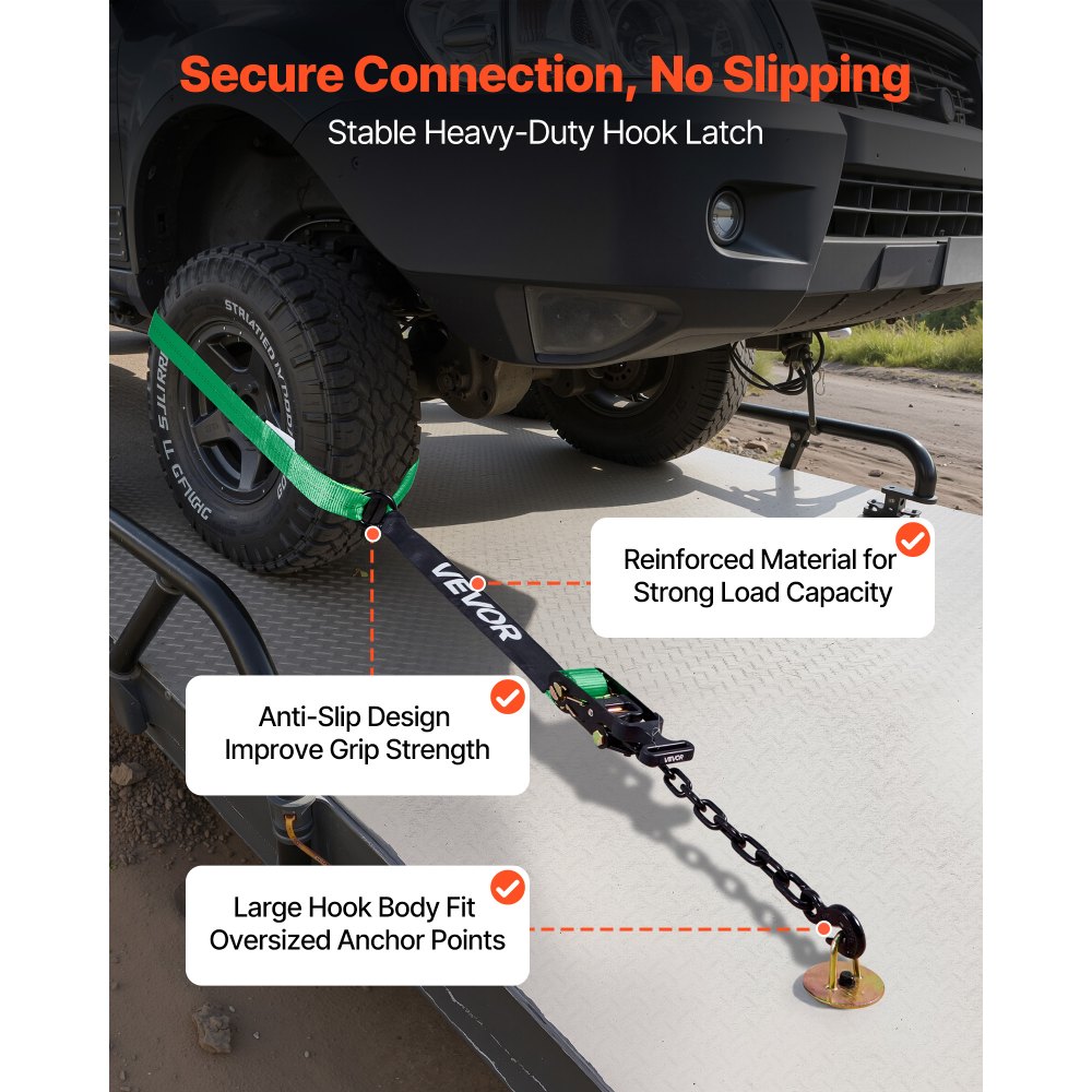 VEVOR Wheel Chock Tie-Down Kit, Tire-Style Tow Dolly Strap, Car Tie Down Kit with Heavy-Duty Hook, Break Strength 10009 lbs & Working Load 3333 lbs Motorcycle Tie-Down System with O-Ring for ATV, SUV
