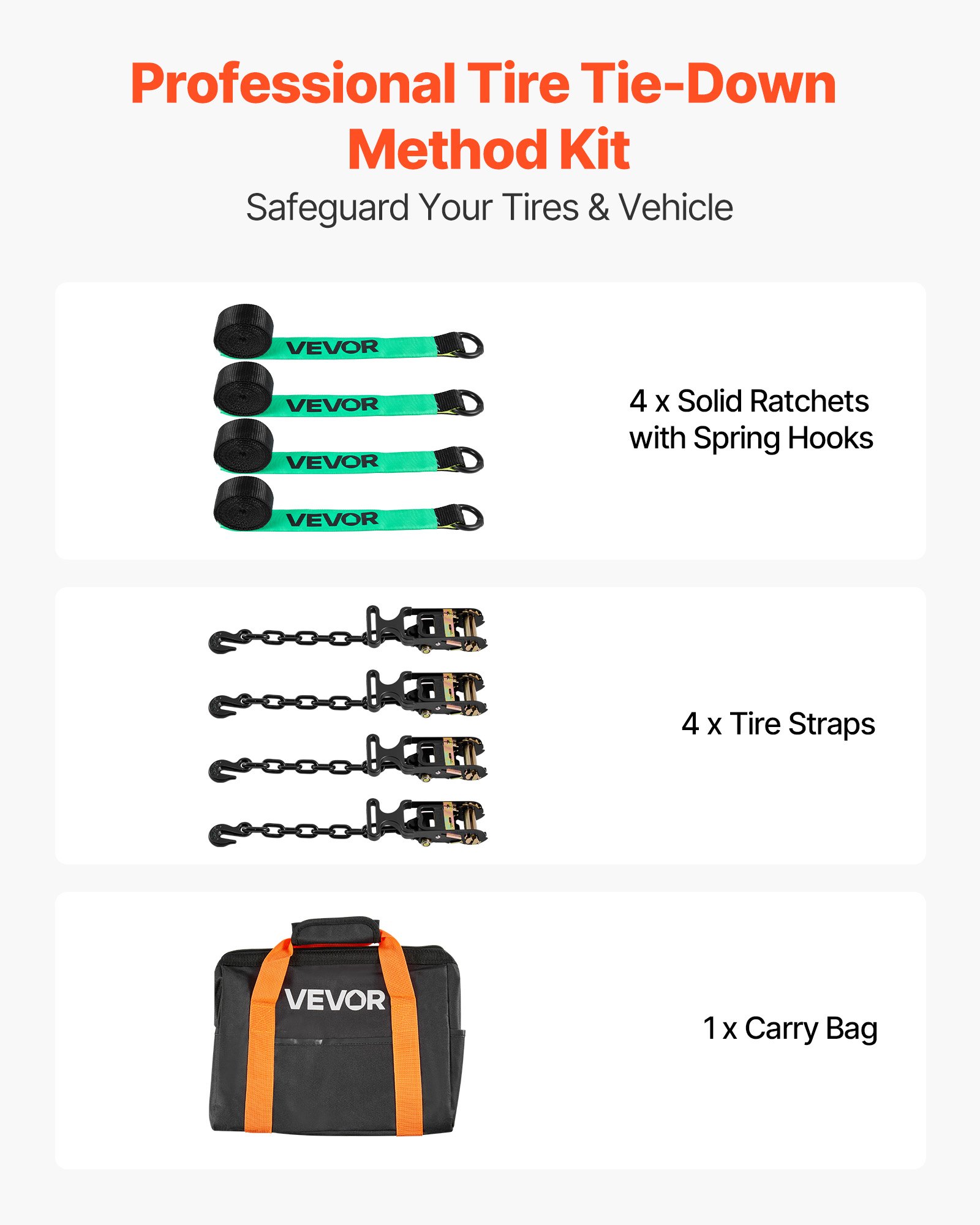 VEVOR Wheel Chock Tie-Down Kit, Tire-Style Tow Dolly Strap, Car Tie Down Kit with Heavy-Duty Hook, Break Strength 4540 kg & Working Load 1512 kg Motorcycle Tie-Down System for ATV, SUV, Trailer