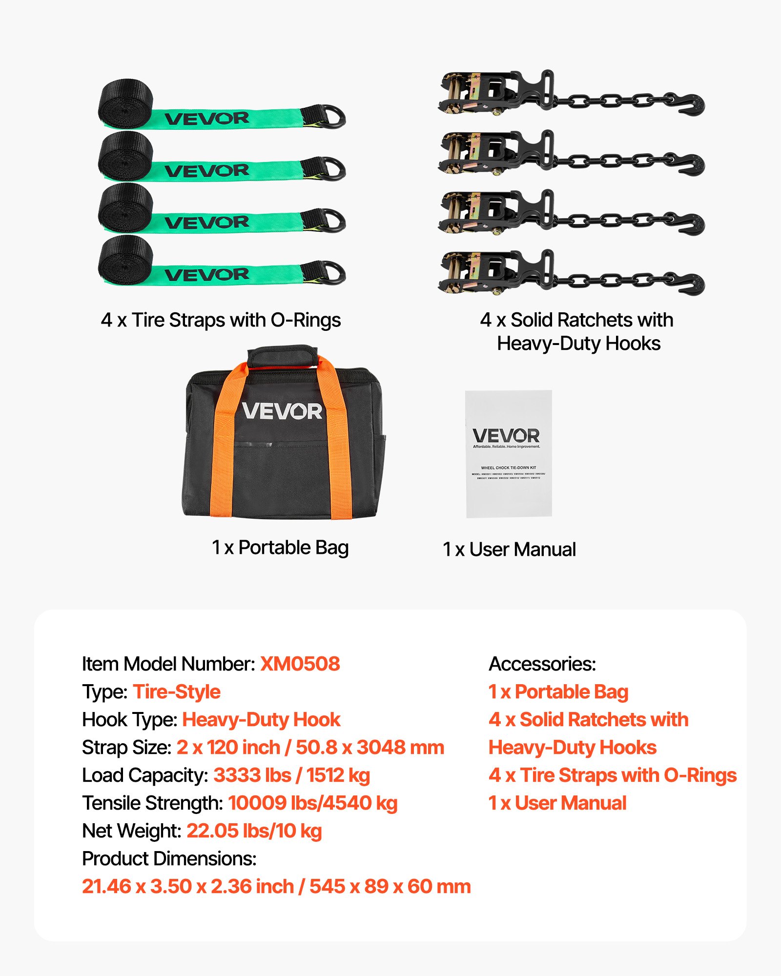 VEVOR Wheel Chock Tie-Down Kit, Tire-Style Tow Dolly Strap, Car Tie Down Kit with Heavy-Duty Hook, Break Strength 4540 kg & Working Load 1512 kg Motorcycle Tie-Down System for ATV, SUV, Trailer