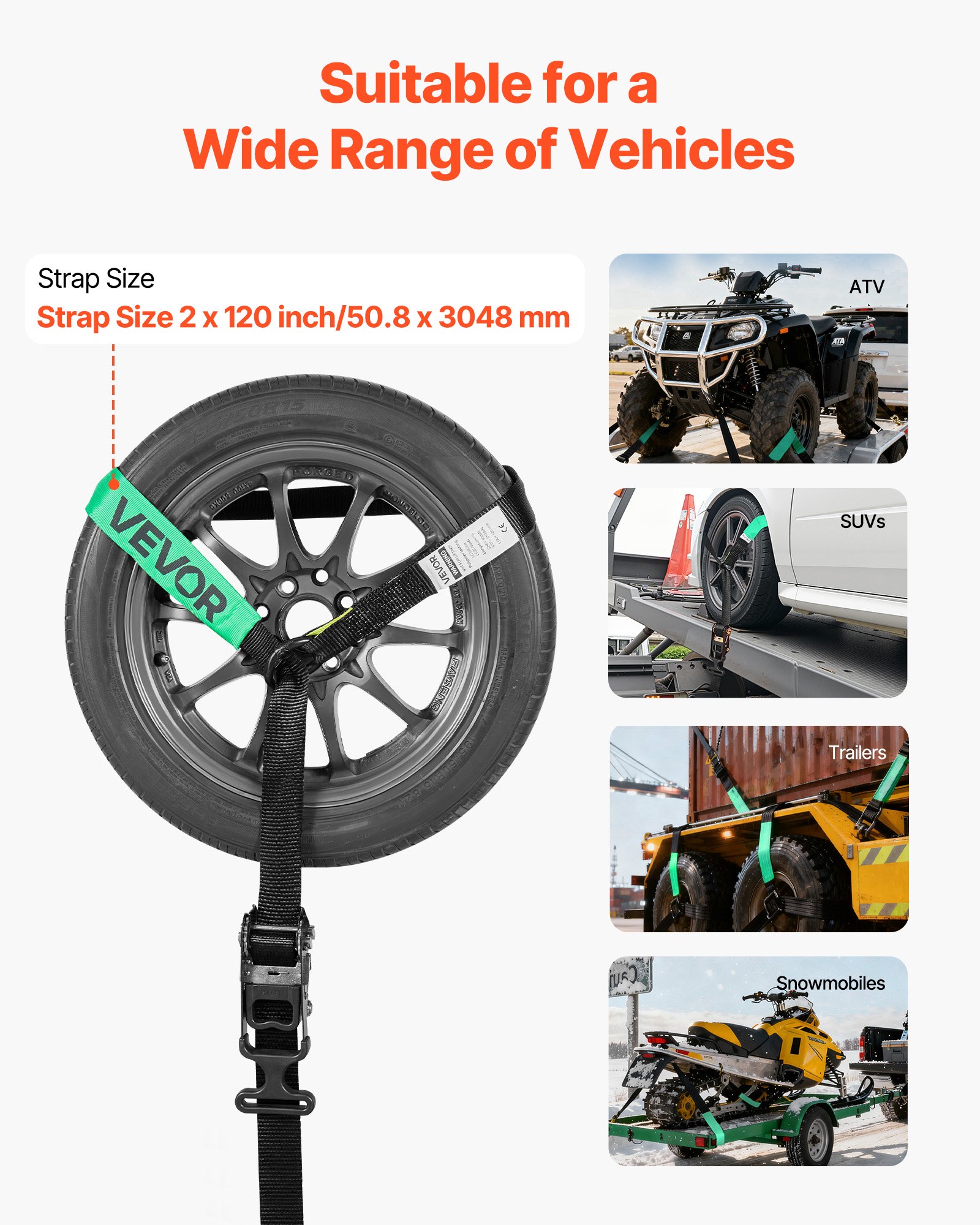 VEVOR Wheel Chock Tie-Down Kit, Tire-Style Tow Dolly Strap, Car Tie Down Kit with Heavy-Duty Hook, Break Strength 10009 lbs & Working Load 3333 lbs Motorcycle Tie-Down System for ATV, SUV, Trailer