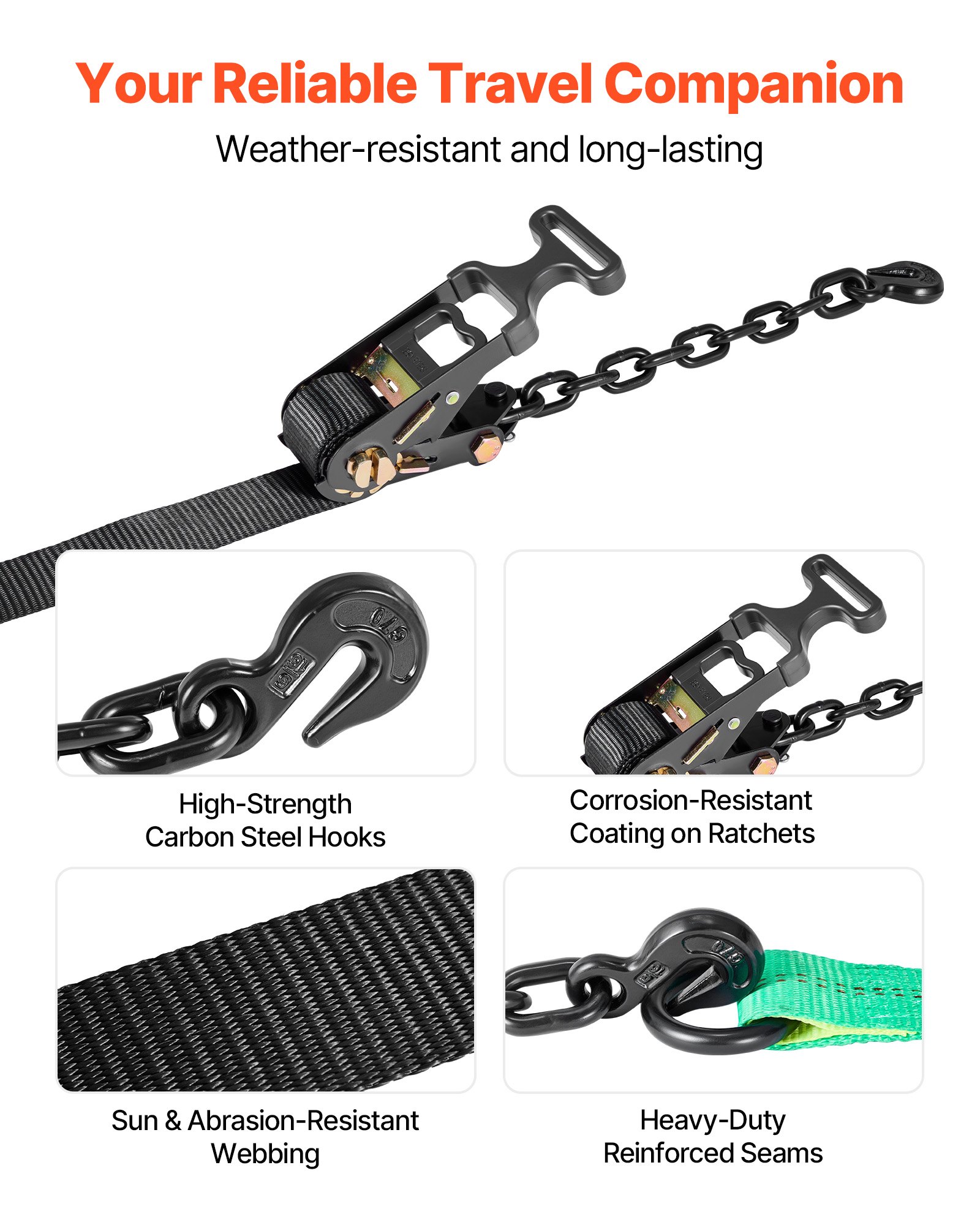 VEVOR Wheel Chock Tie-Down Kit, Tire-Style Tow Dolly Strap, Car Tie Down Kit with Heavy-Duty Hook, Break Strength 10009 lbs & Working Load 3333 lbs Motorcycle Tie-Down System for ATV, SUV, Trailer