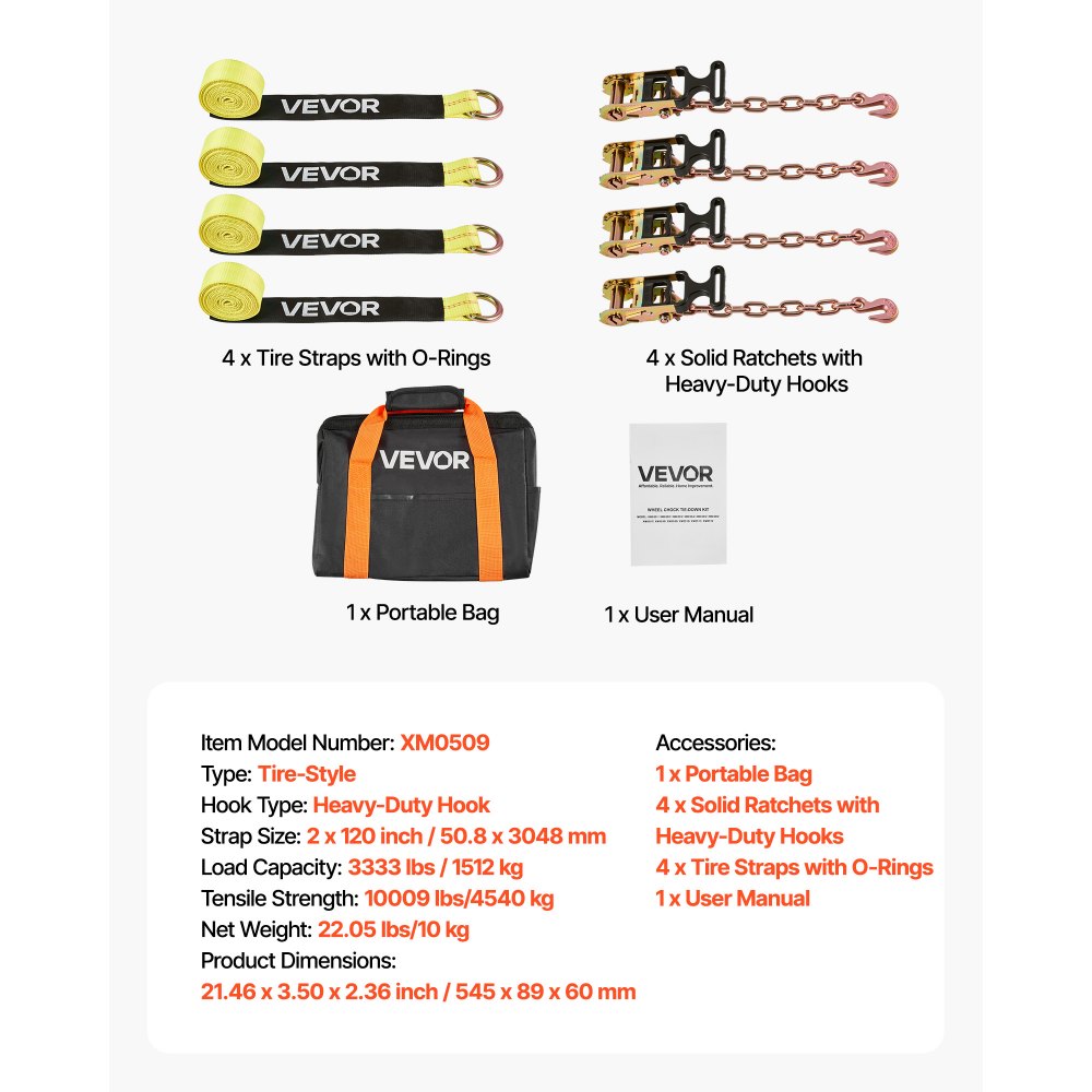 VEVOR Wheel Chock Tie-Down Kit, Tire-Style Tow Dolly Strap, Car Tie Down Kit with Heavy-Duty Hook, Break Strength 10009 lbs & Working Load 3333 lbs Motorcycle Tie-Down System for ATV, SUV, Snowmobiles