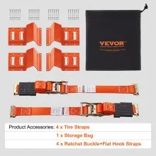 VEVOR Wheel Chock Tie Down Kit, 2" x 96" Tie Down Strap Kit, Heavy Duty Trailer Tie Down System for 10"-23" Wheels, ATV, UTV, Trailer, Mower, Wheel Chock & Tie-Down Accessories, 4-Pack