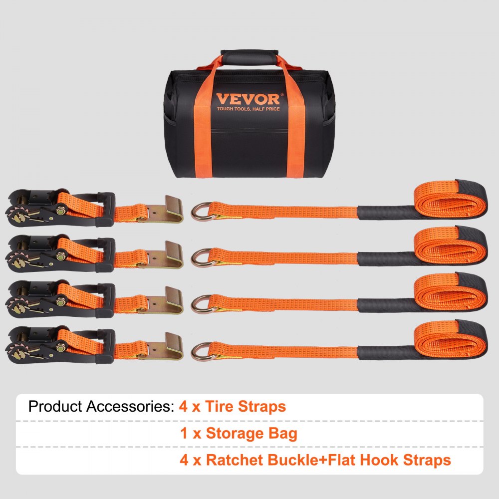 VEVOR Car Tie Down Straps Kit, Lasso Style 2" x 120" Tire Straps, 5512 LBS Working Load, 11023 LBS Breaking Strength, with Flat Hooks for Passenger Car, ATV, Motorcycle, Van, SUV, UTV, Trailer, 4-Pack
