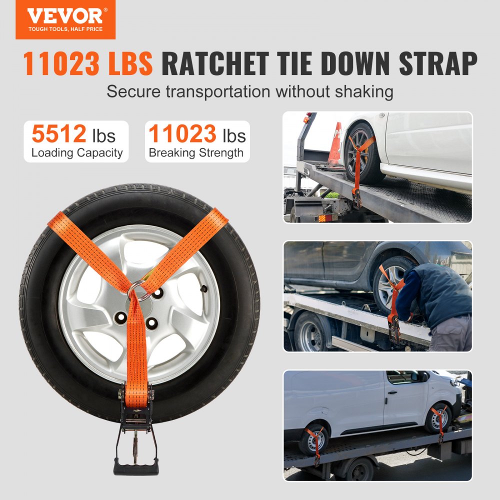 VEVOR Ratchet Tie Down Straps Kit, Lasso Style 2 inch x 120 inch Tire Straps, 5512 lbs Working Load, 11023 lbs Breaking Strength, Car Tie Down Straps