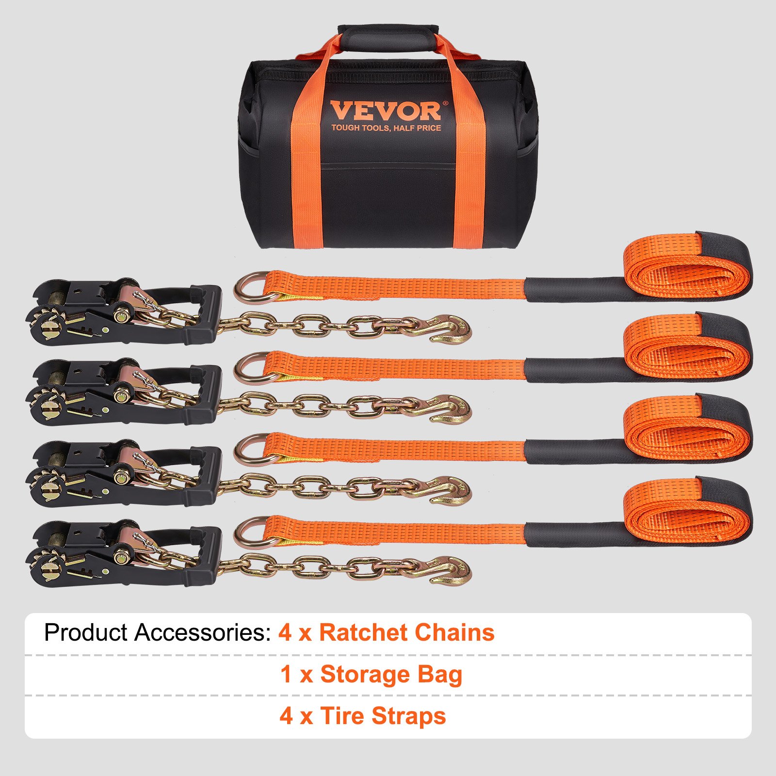 VEVOR Car Tie Down with Chain Anchors, Lasso Style 2"×120" Tire Straps, 5865 LBS Working Load, 11023 LBS Breaking Strength, with Heavy Duty Ratchets for Passenger Car, ATV, SUV, UTV, Truck, 4-Pack