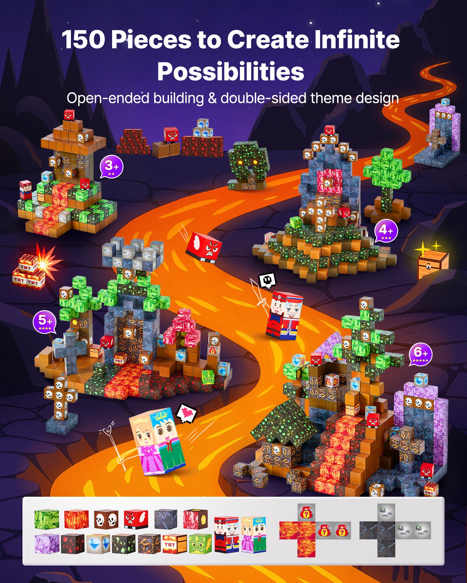 Blocos magnéticos VEVOR, conjunto de 150 peças Dark Castle, cubos de construção magnéticos para crianças, brinquedos sensoriais STEM Montessori para presente de Natal e aniversário, brinquedo de construção empilhável para meninos e meninas a partir de 3 anos