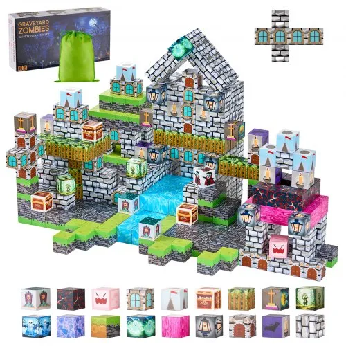 VEVOR Magnetic Blocks, 100 PCS Cemetery Zombies Set, Magnetic Building Cubes for Kids, STEM Montessori Sensory Toys for Christmas Birthday Gift, Construction Stacking Toy for 3+ Years Old Boys & Girls