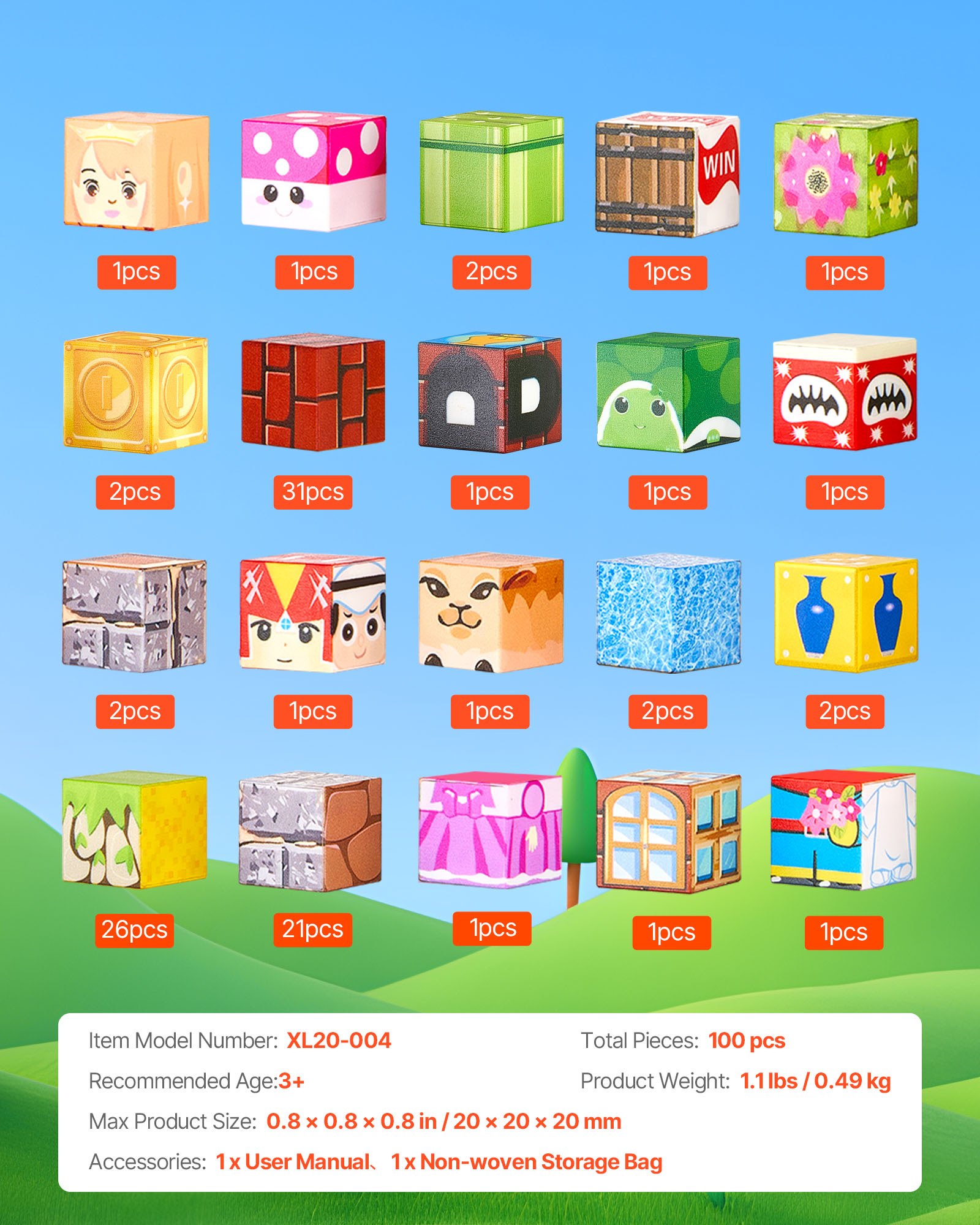 VEVOR Magnetiska Block, 100 ST Magnetblock Set, Magnetiska Byggkuber för Barn, STEM Montessori Sensoriska Leksaker till Julklapp, Födelsedagspresent, Byggleksak för 3+ år Pojkar & Flickor