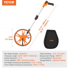 Rueda de medición VEVOR en pies, diámetro de rueda de 12,5 pulgadas, rueda de medición telescópica de 39,37-15,75 pulgadas, medición de 0-9,999 pies con bolsa trasera, adecuada para medir césped/duro/blando/carretera de madera