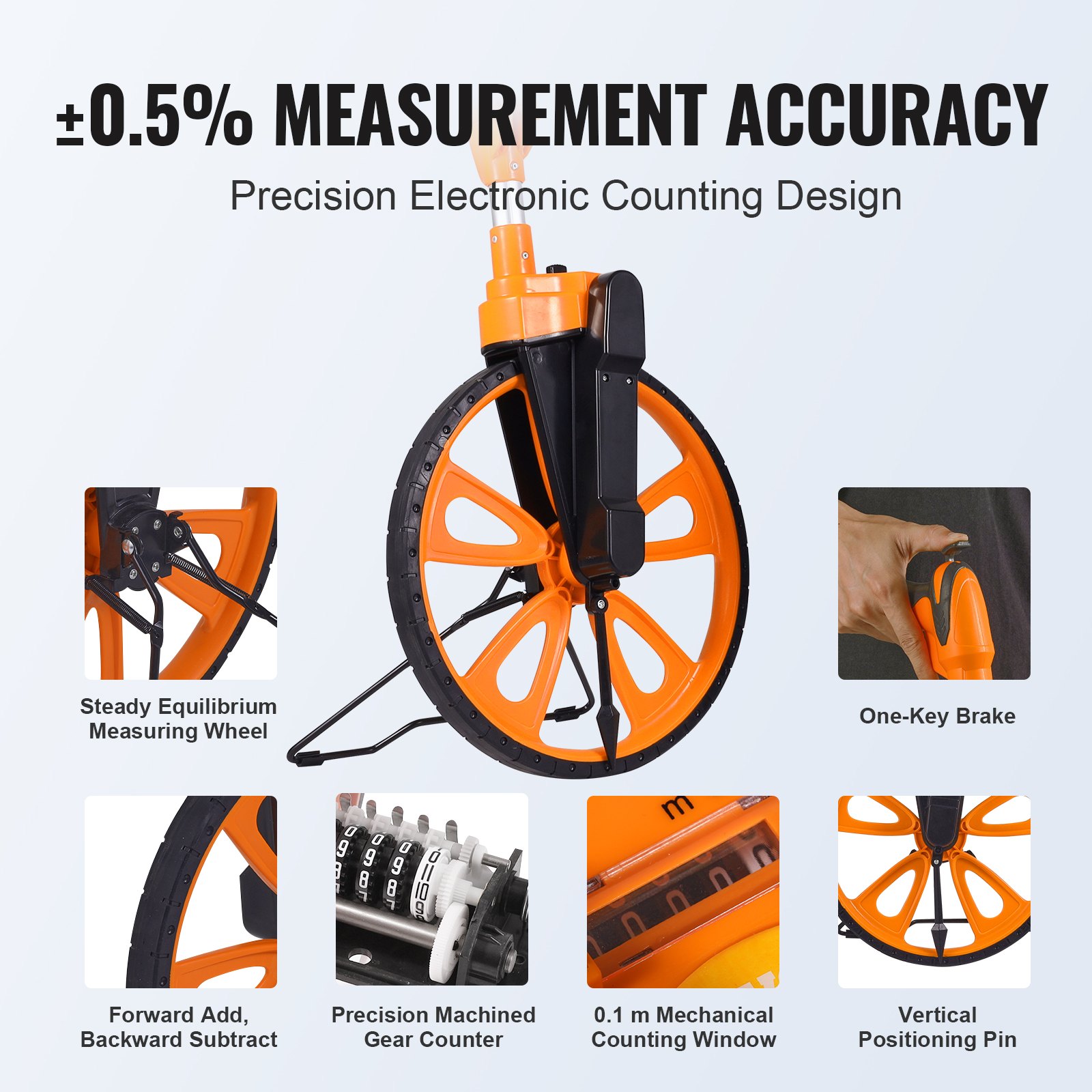 VEVOR Measuring Wheel in Inches, 317.5 mm Diameter Wheel, Centerline Design w/ Handbrake, 959.1-520mm Telescoping Measure Wheel,Measurement 0-9,999m with Bag, for Lawn/Hard/Soft/Wood Road Measuring