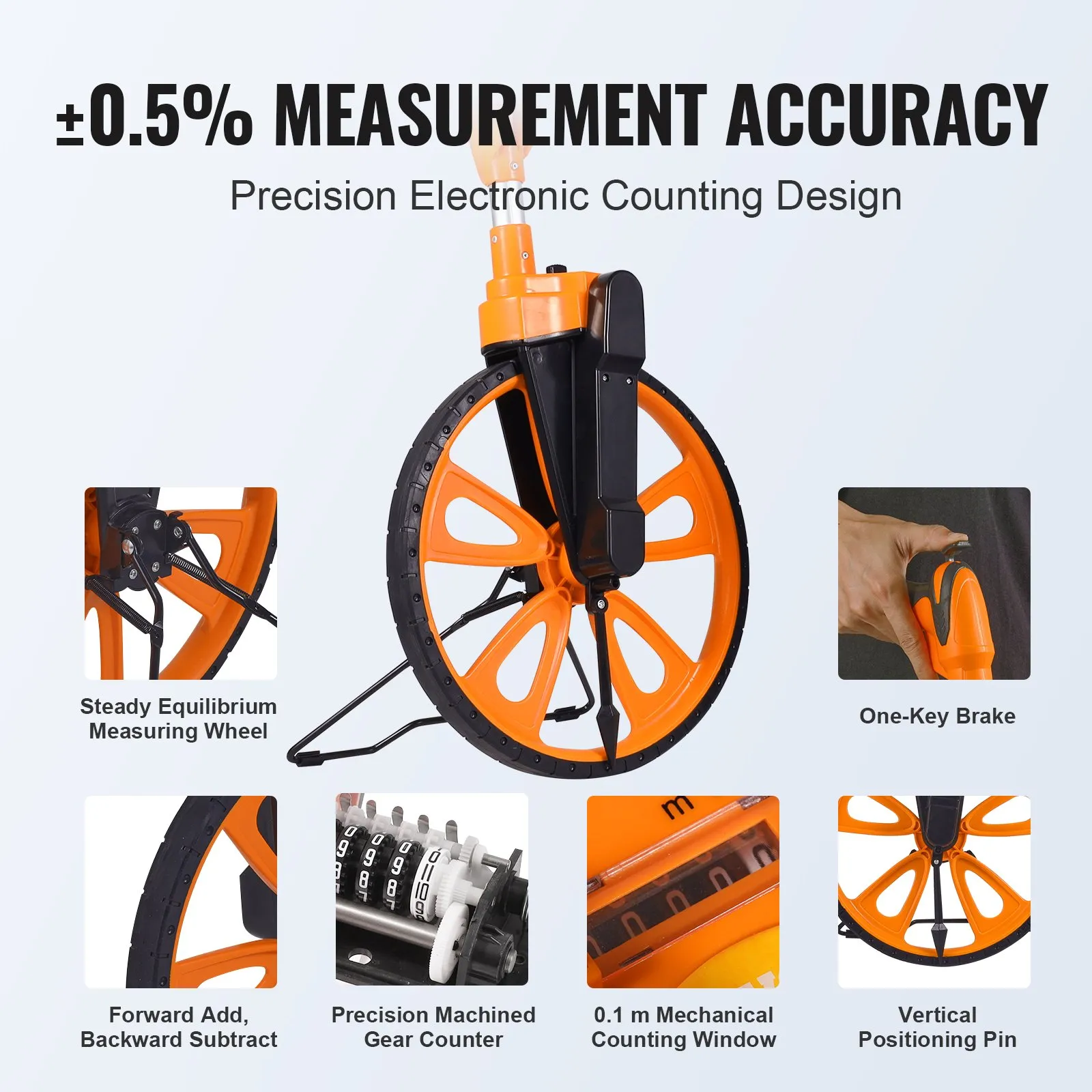 VEVOR Measuring Wheel in Inches, 317.5 mm Diameter Wheel, Centerline Design w/ Handbrake, 959.1-520mm Telescoping Measure Wheel,Measurement 0-9,999m with Bag, for Lawn/Hard/Soft/Wood Road Measuring