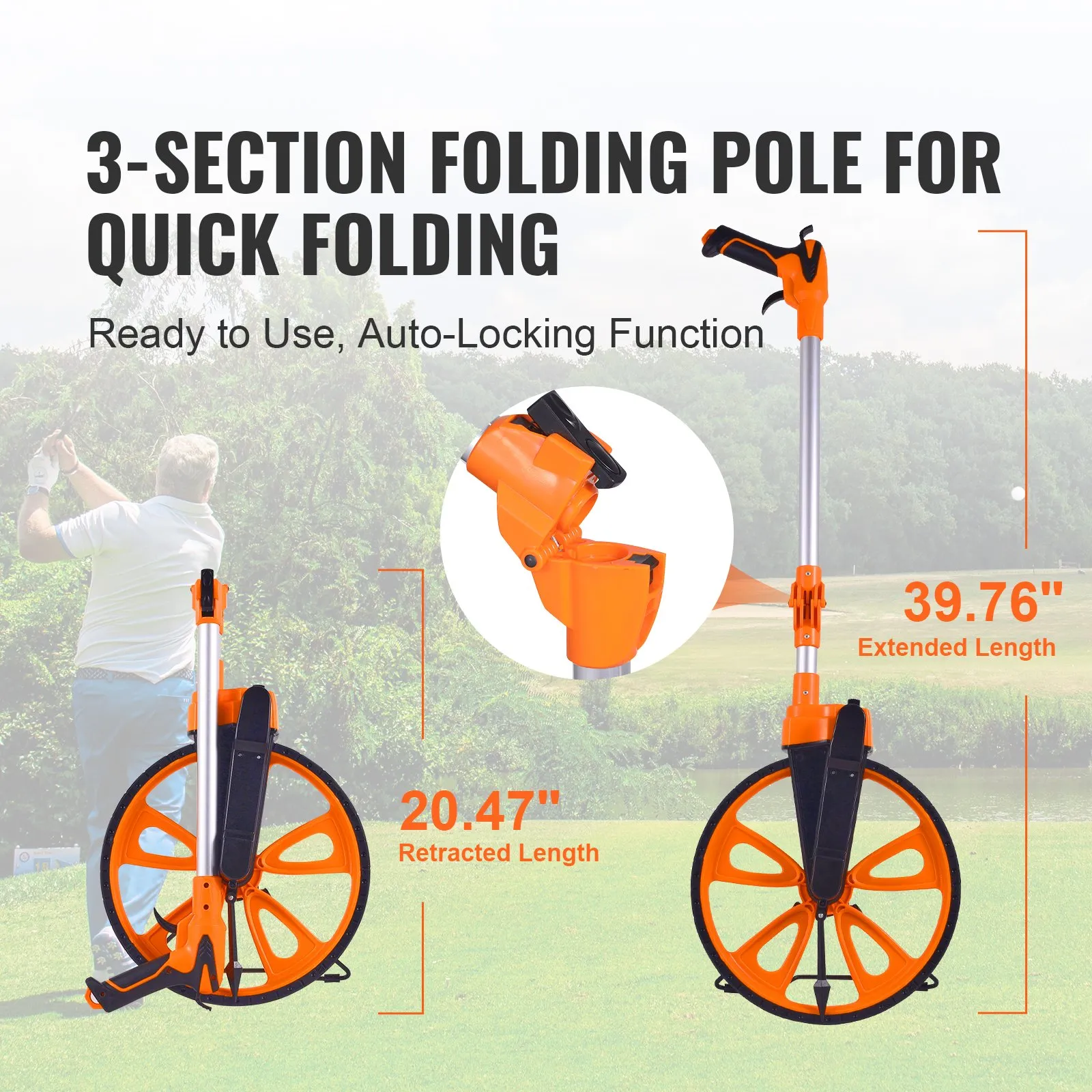 VEVOR Measuring Wheel in Inches, 317.5 mm Diameter Wheel, Centerline Design w/ Handbrake, 959.1-520mm Telescoping Measure Wheel,Measurement 0-9,999m with Bag, for Lawn/Hard/Soft/Wood Road Measuring