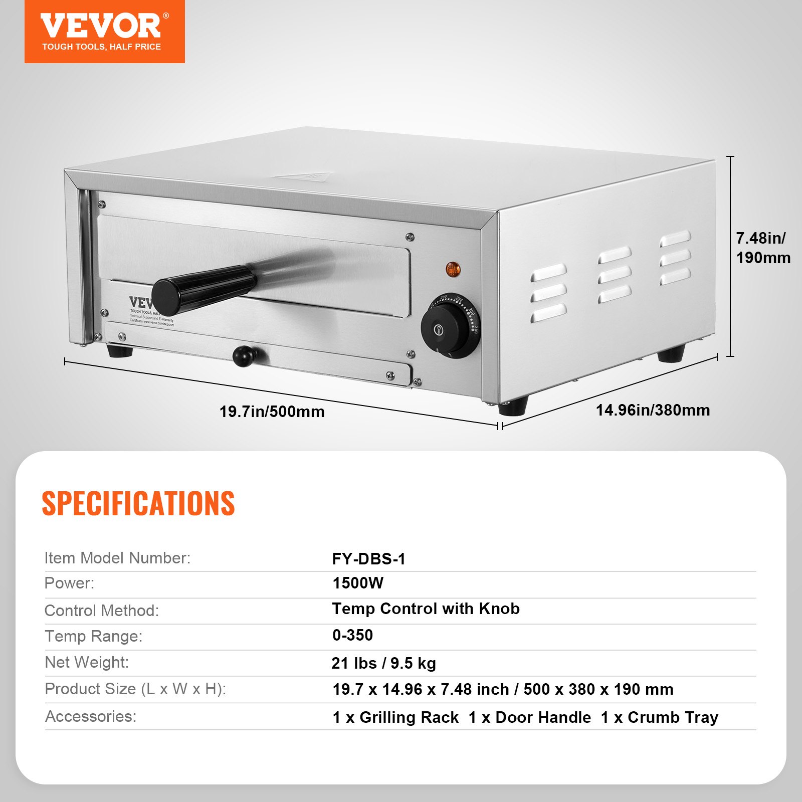 VEVOR Countertop Electric Pizza Oven, 12-inch, 1500W, 0-300 °C Temp Range, Stainless Steel Construction and Easy-to-Clean Crumb Tray, Suitable for Both Commercial and Home Use