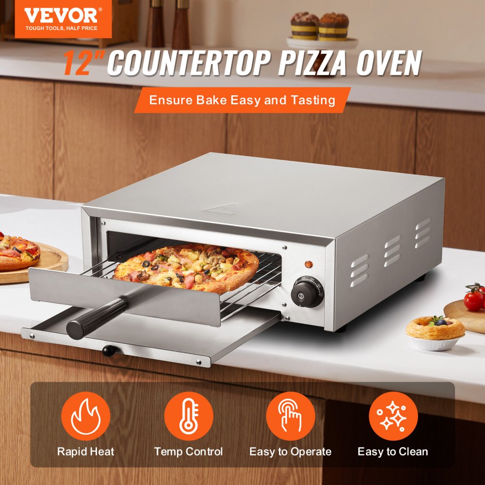 VEVOR Countertop Electric Pizza Oven, 12-inch, 1500W, 0-300 °C Temp Range, Stainless Steel Construction and Easy-to-Clean Crumb Tray, Suitable for Both Commercial and Home Use