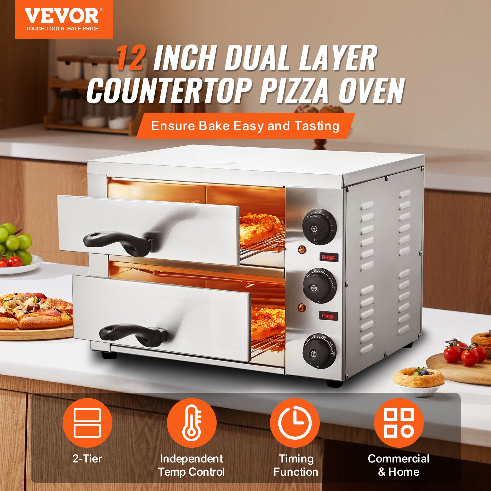 Electric Countertop Pizza Oven 12" Adjustable Temperature 0-120Min Timer Electric Countertop Pizza Oven 12" Adjustable Temperature 0-120Min Timer