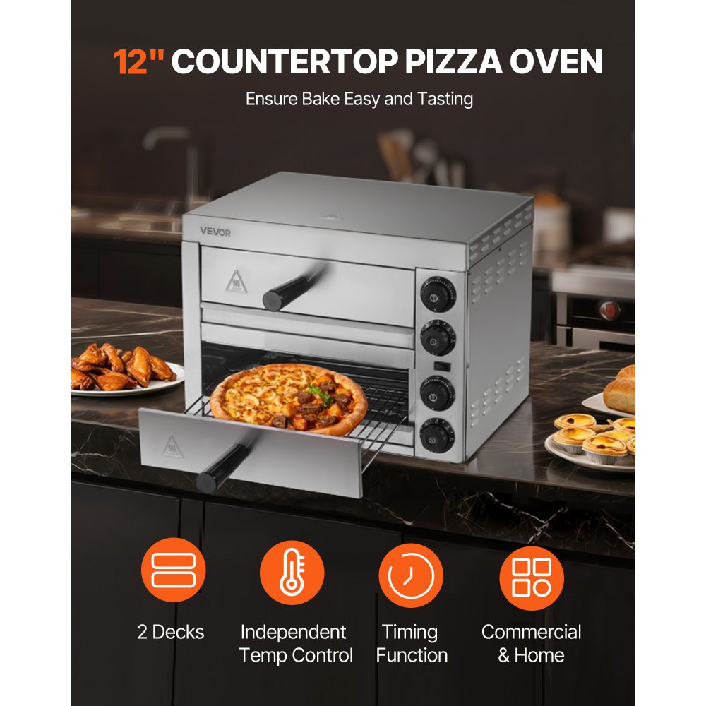 VEVOR Electric Pizza Oven for Countertops, 12-inch, 1700W, with Temp Control & 0-60 Min Timer, Even Baking Technology & Easy Clean Crumb Tray, Ideal for Both Commercial & Home Kitchens