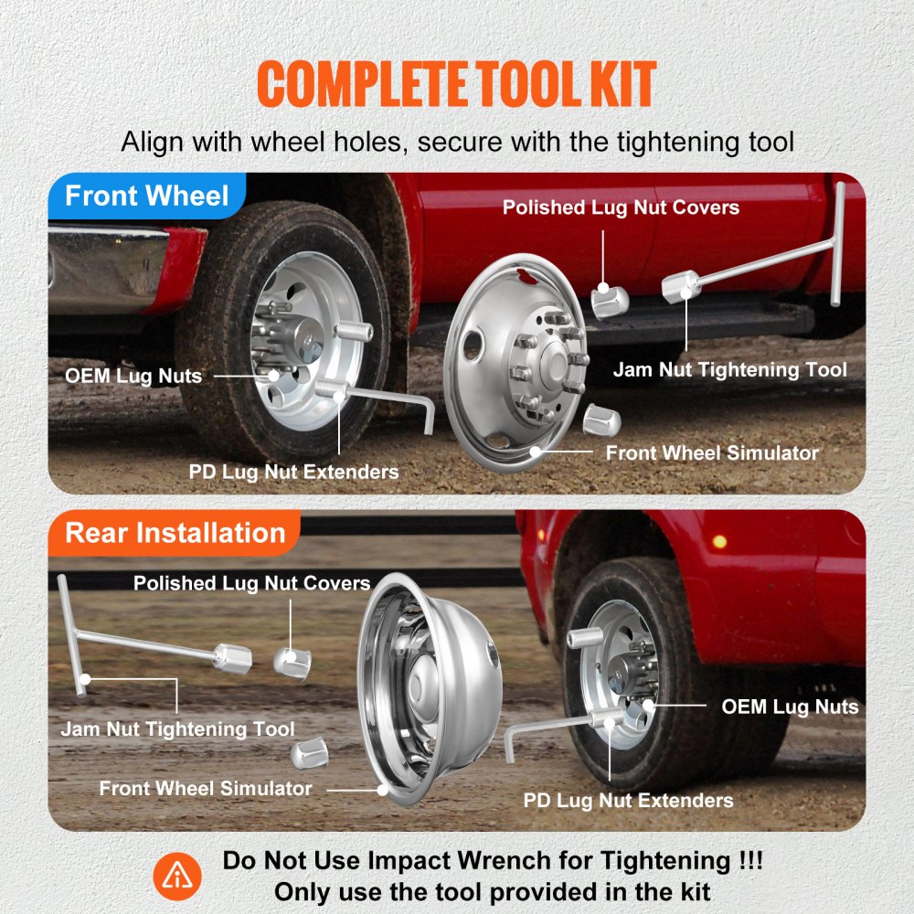 VEVOR 50cm 8 Lug Wheel Simulators, 304 Stainless Steel Wheel Simulator Kit with Mirror Polished Finish, 2 Front and 2 Rear Wheel Covers Fit for For Ford F450/F550 (2005-2020), 4 pcs