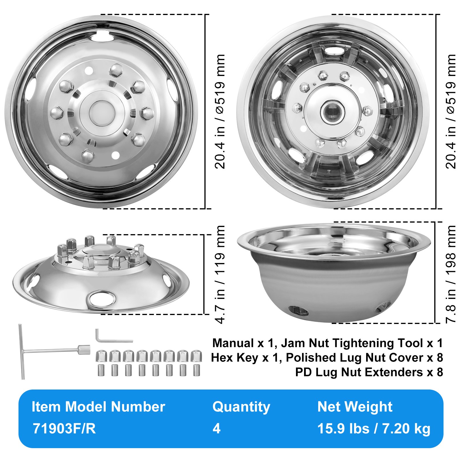 VEVOR 50cm 8 Lug Wheel Simulators, 304 Stainless Steel Wheel Simulator Kit with Mirror Polished Finish, 2 Front and 2 Rear Wheel Covers Fit for For Ford F450/F550 (2005-2020), 4 pcs