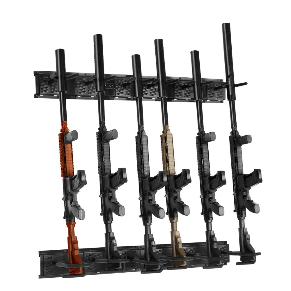 VEVOR-asetelineen seinäteline sisäkäyttöön, 6-paikkainen pystysuora kiväärin haulikkoteline, 180 lb raskaaseen käyttöön tarkoitettu metalliseinäteline, jossa pehmeä pehmuste