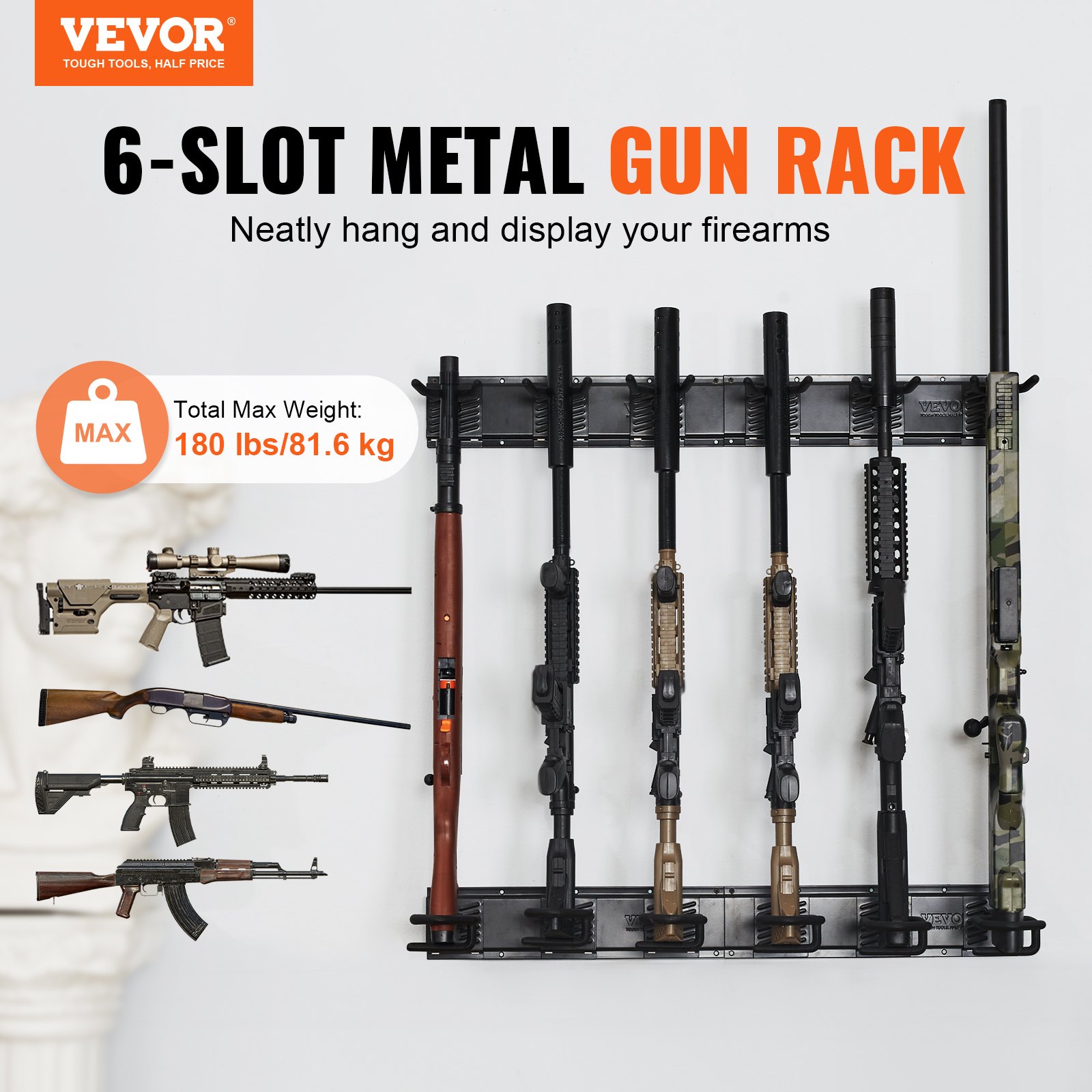 VEVOR Gun Rack, Indoor Gun Rack Wall Mount, 6-Slot Vertical Rifle Shotgun Gun Rack, 81.6 kg Heavy Duty Metal Wall Gun Rack Display Stand with Soft Padding