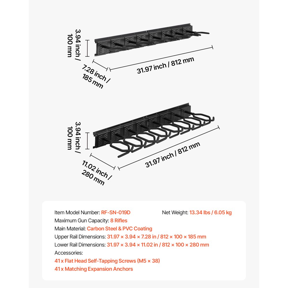 VEVOR Indoor Gun Rack, Heavy Duty Steel, Wall Mount Rifle and Shotgun Rack, 8 Slots for Long Guns, Gun Display Rifle Storage Holder with Screws, for Home Garage Office Retail Shop Hunting Cabin Wall