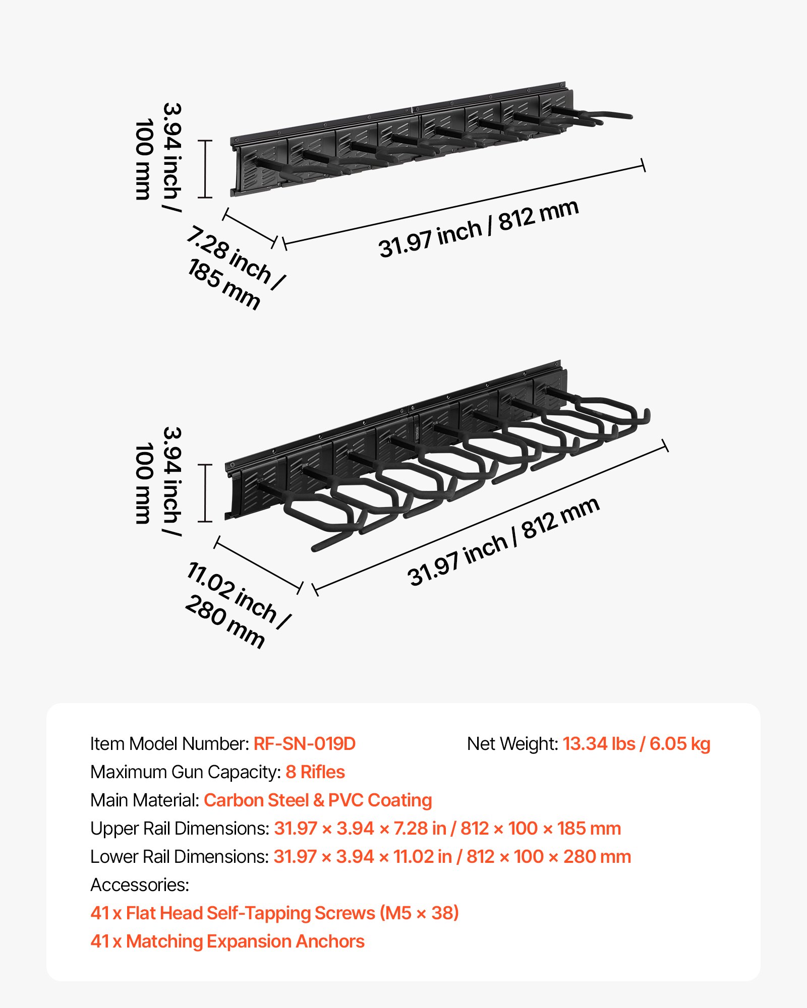 VEVOR Indoor Gun Rack, Heavy Duty Steel, Wall Mount Rifle and Shotgun Rack, 8 Slots for Long Guns, Gun Display Rifle Storage Holder with Screws, for Home Garage Office Retail Shop Hunting Cabin Wall