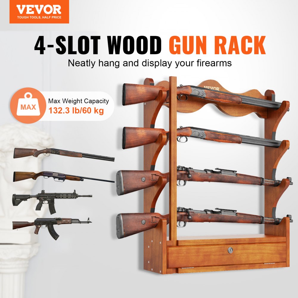 VEVOR Vevoe Rack Wood Rack Wall Mount Display Rack Holds 4 Shotguns 132 lb Heavy Duty Wall Storage Display Rack with Soft Padding