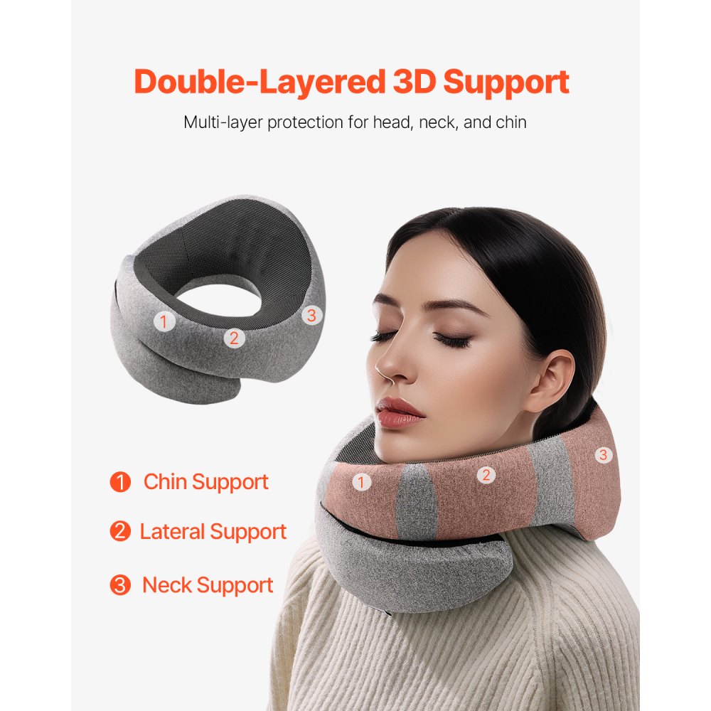 VEVOR Travel Pillow, Double-Layered 3D Support Neck Pillow for Traveling, 360° Flexible Rotation Upgraded Memory Foam Travel Neck Pillow with Eye Mask, Earplugs, Earplug Case, Storage Bag(Black-Gray)